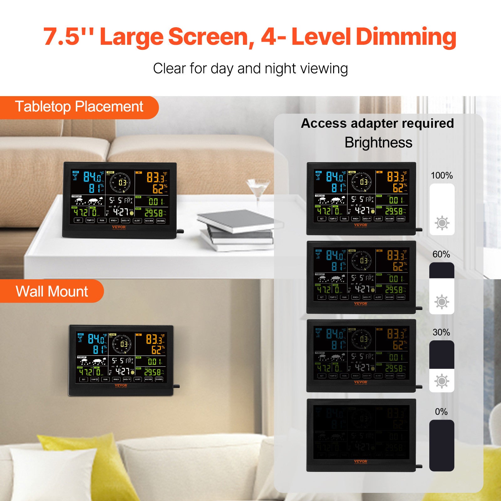 7-in-1 Wireless Weather Station 7.5 in Display for Indoor Outdoor-NO WIFI