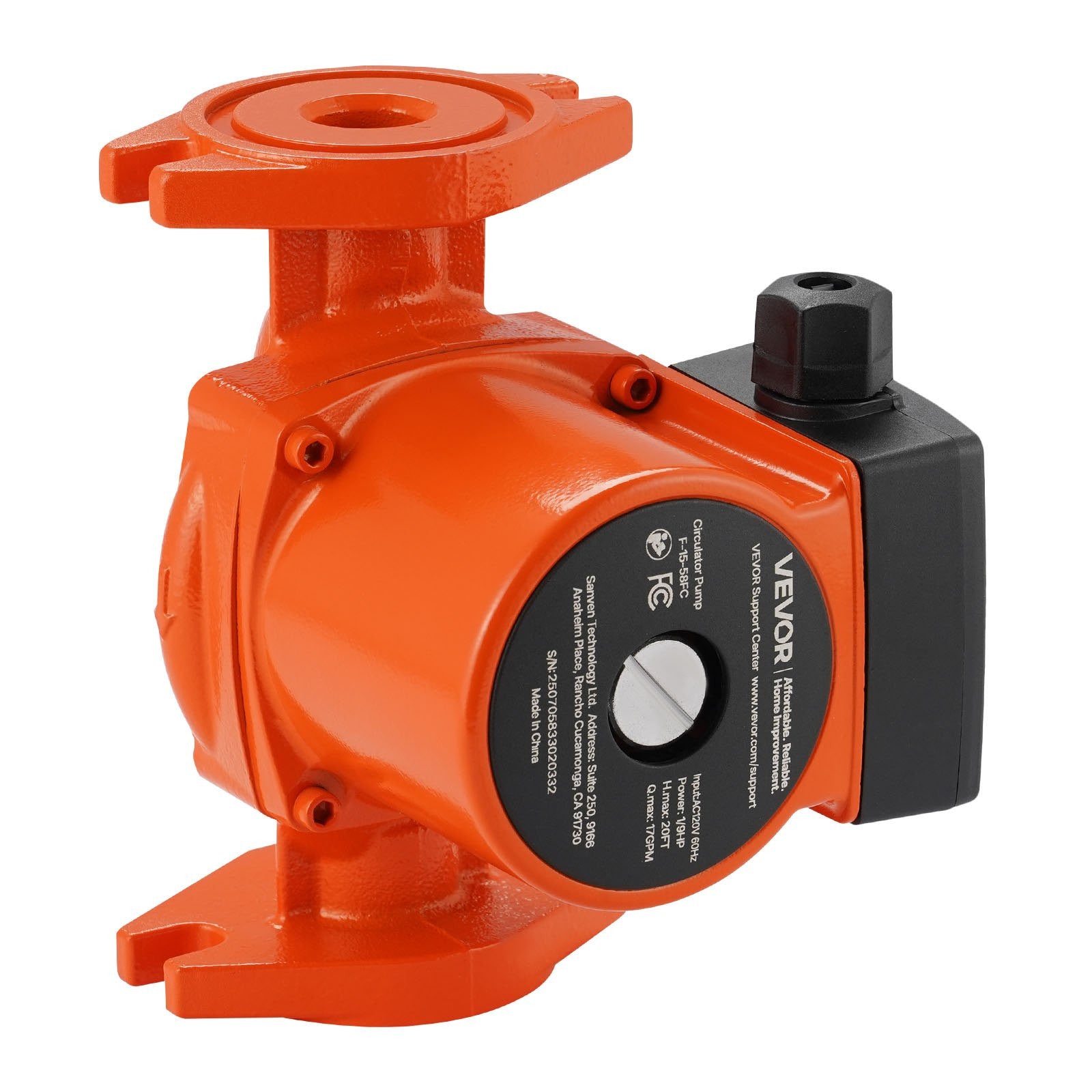 VEVOR 1/9 HP Cast Iron Circulator Pump - 17 GPM, 120V for Hot Water & Heating