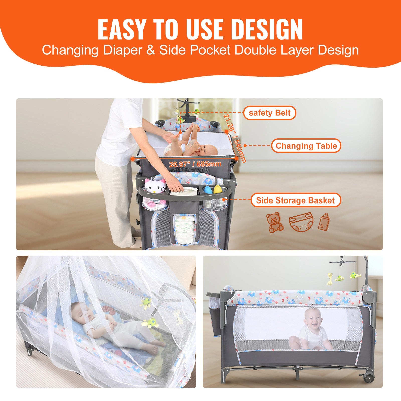 Baby Bassinet Bedside Crib 77 lbs Load Capacity Foldable Sleeper Newbors Bed