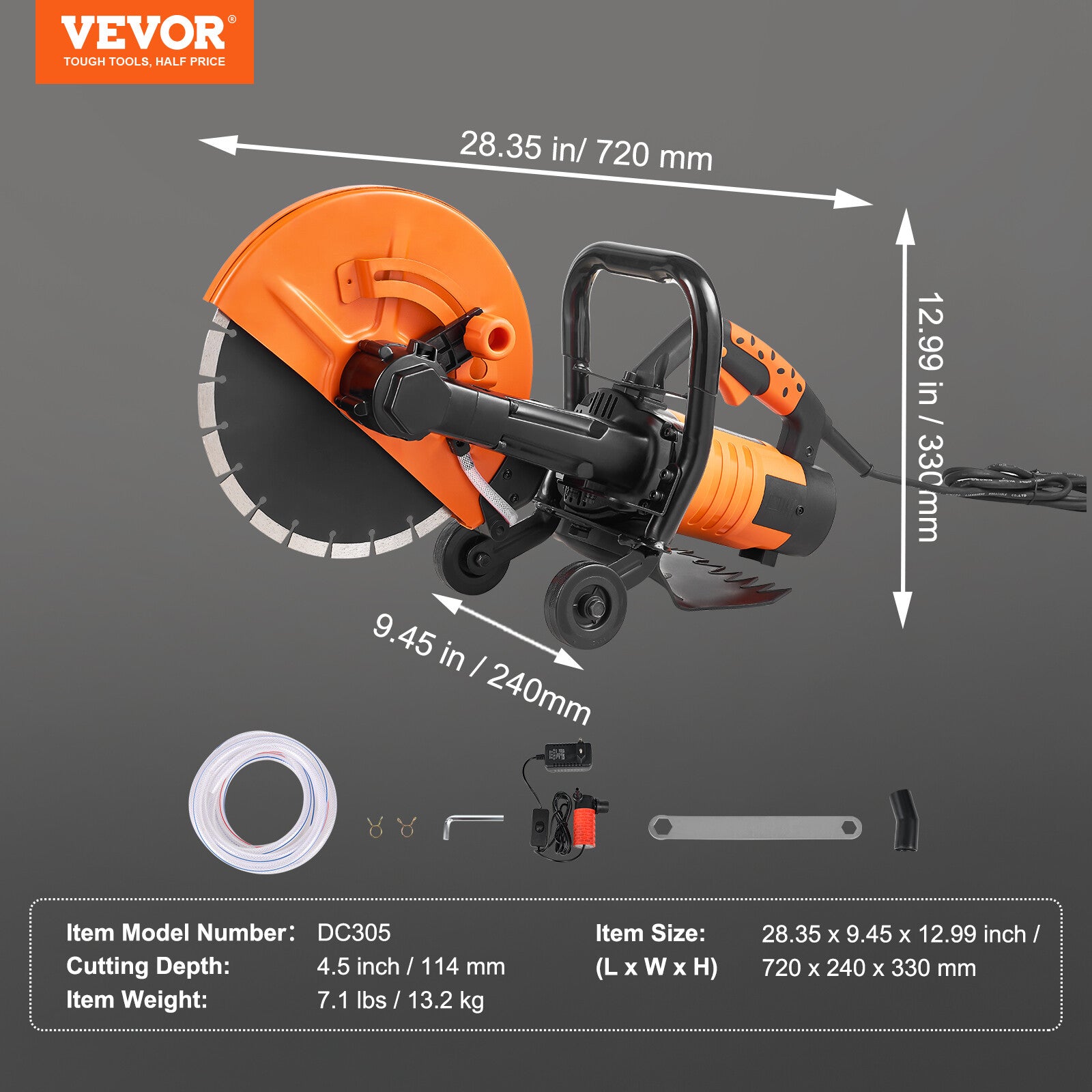 VEVOR 12'' Electric Concrete Saw Wet/Dry Saw Cutter with Water Pump and Blade