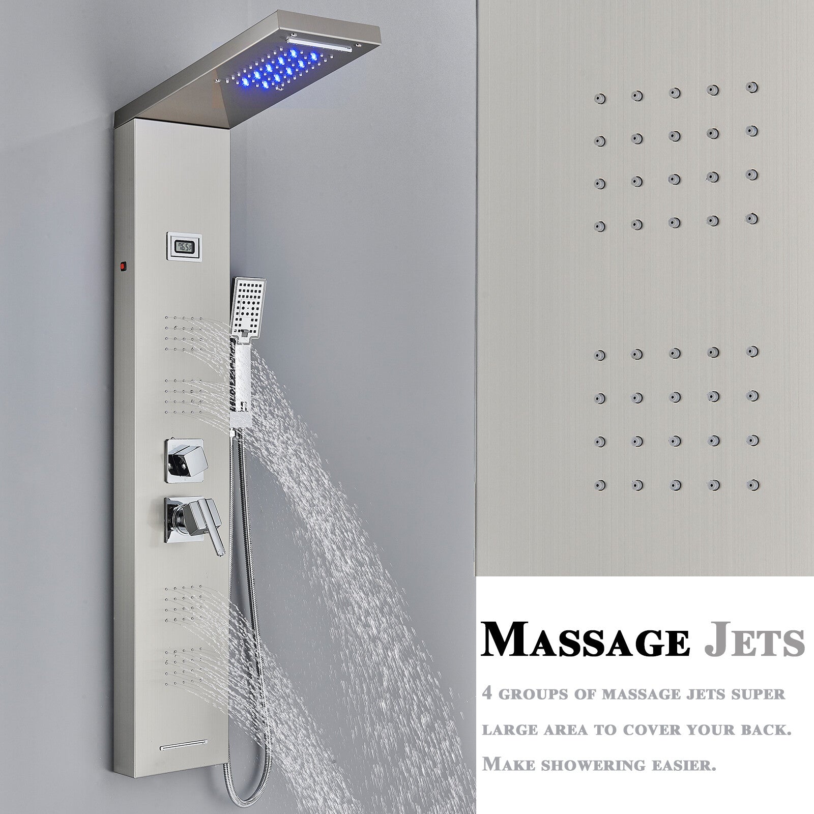 LED Shower Panel Tower Massage System Rain&Waterfall Jets Faucet Stainless Steel