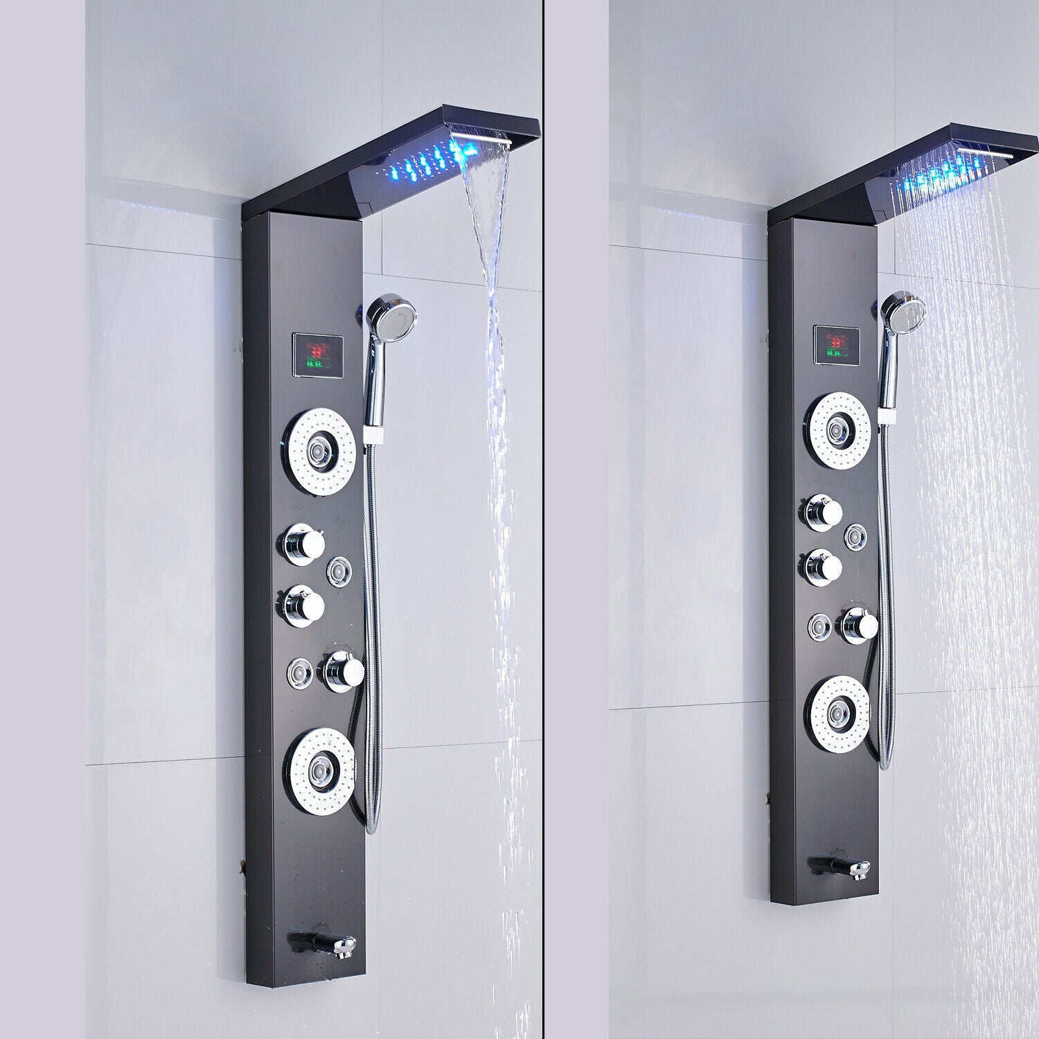 LED Shower Panel Tower Massage System Rain&Waterfall Jets Faucet Stainless Steel