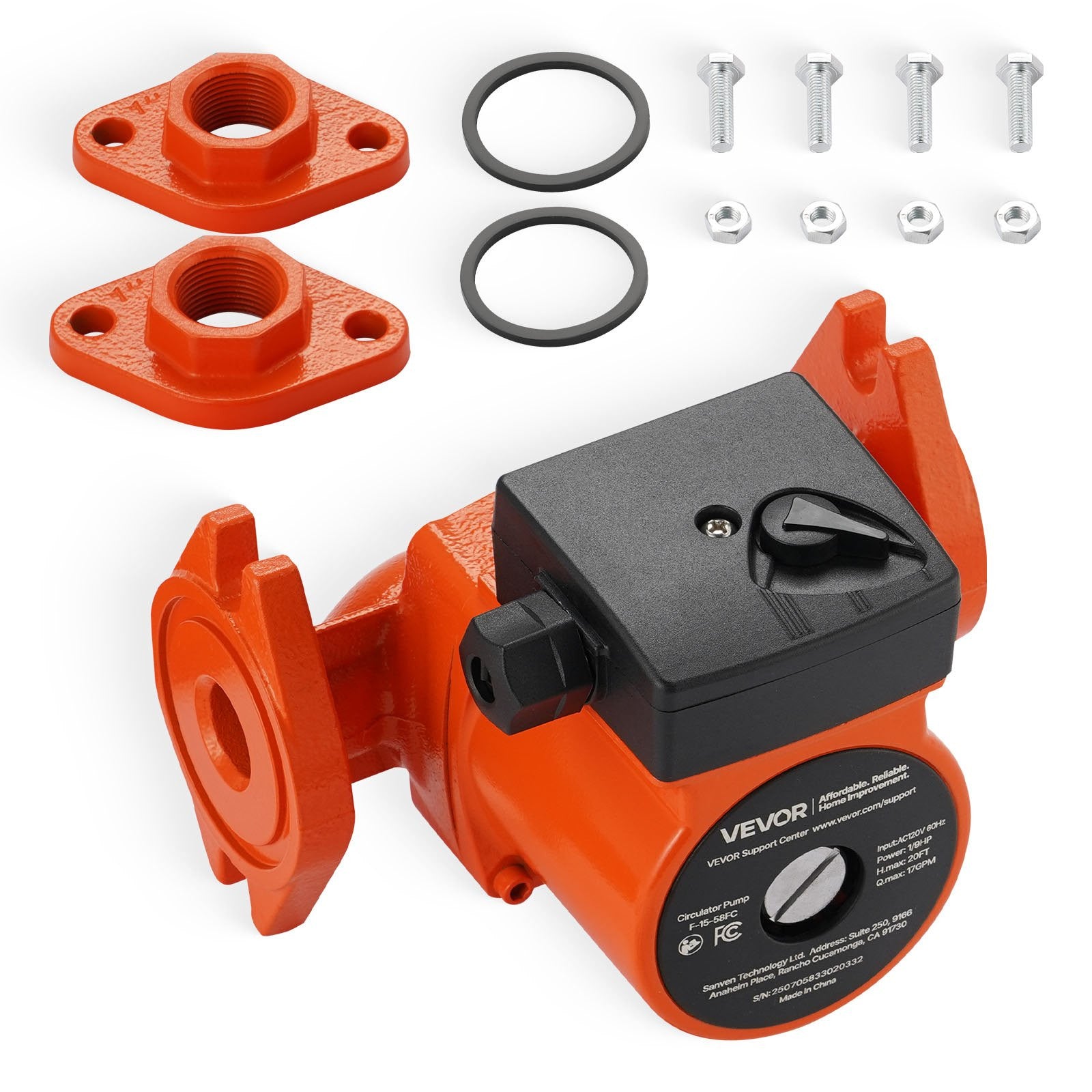 VEVOR 1/9 HP Cast Iron Circulator Pump - 17 GPM, 120V for Hot Water & Heating