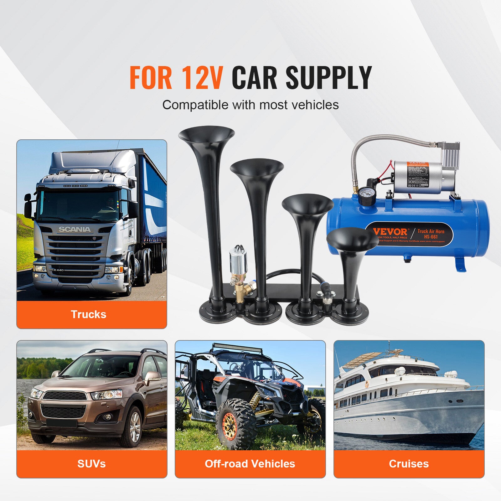 VEVOR Train Horns Kit 4 Trumpet Air Horn Kit 120 psi Air Compressor 1.6 Gal Tank