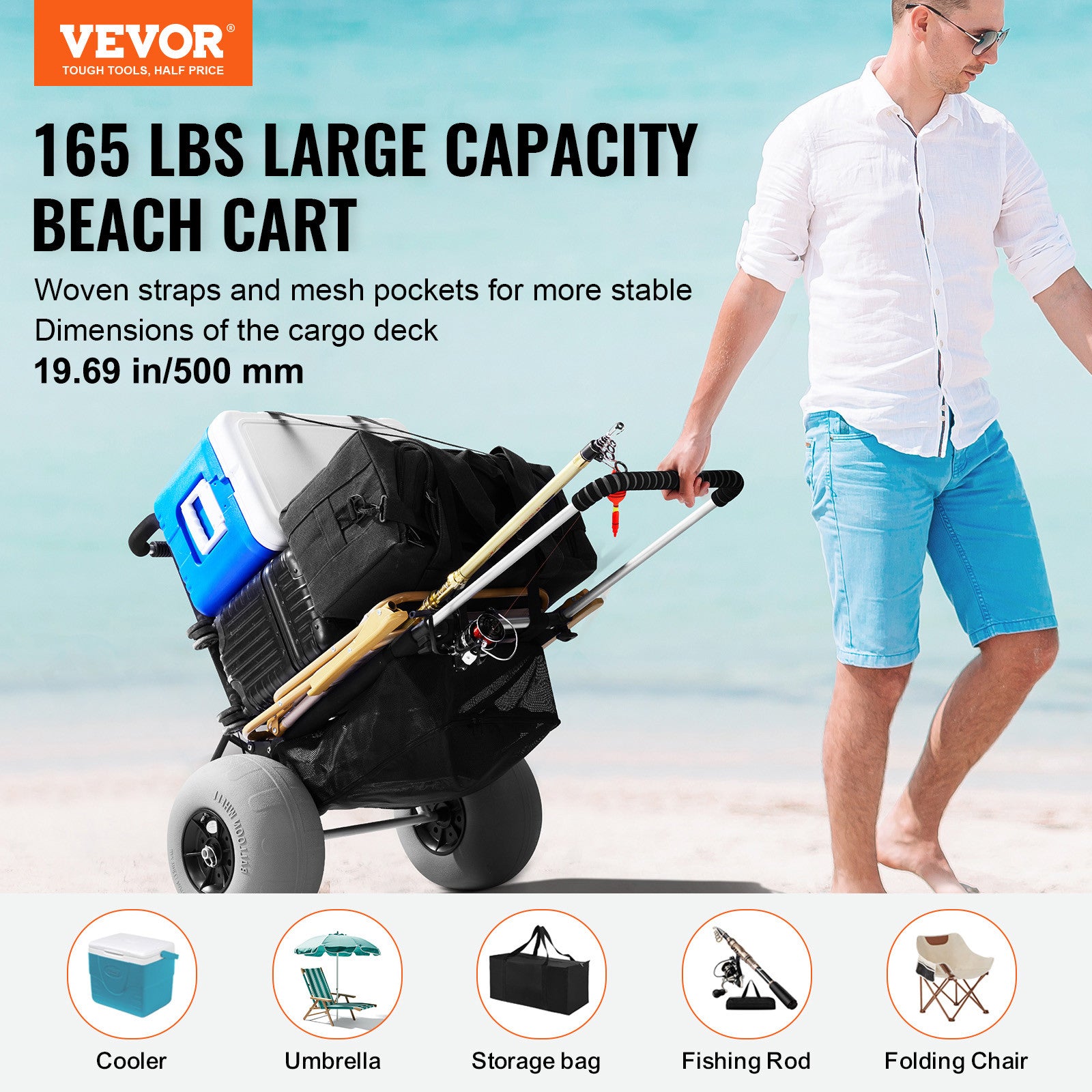 VEVOR Beach Dolly Wagon Beach Cart w/12" Balloon Wheels for Sand Beach Gardening