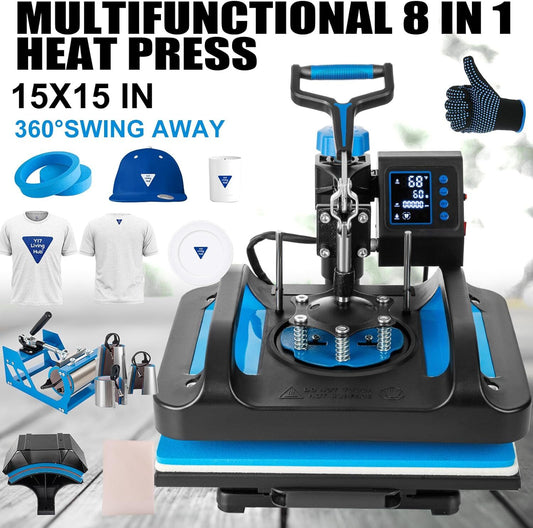 8IN1 Heat Press Machine 15"x15" Transfer Sublimation T-Shirt Mug Plate Hat