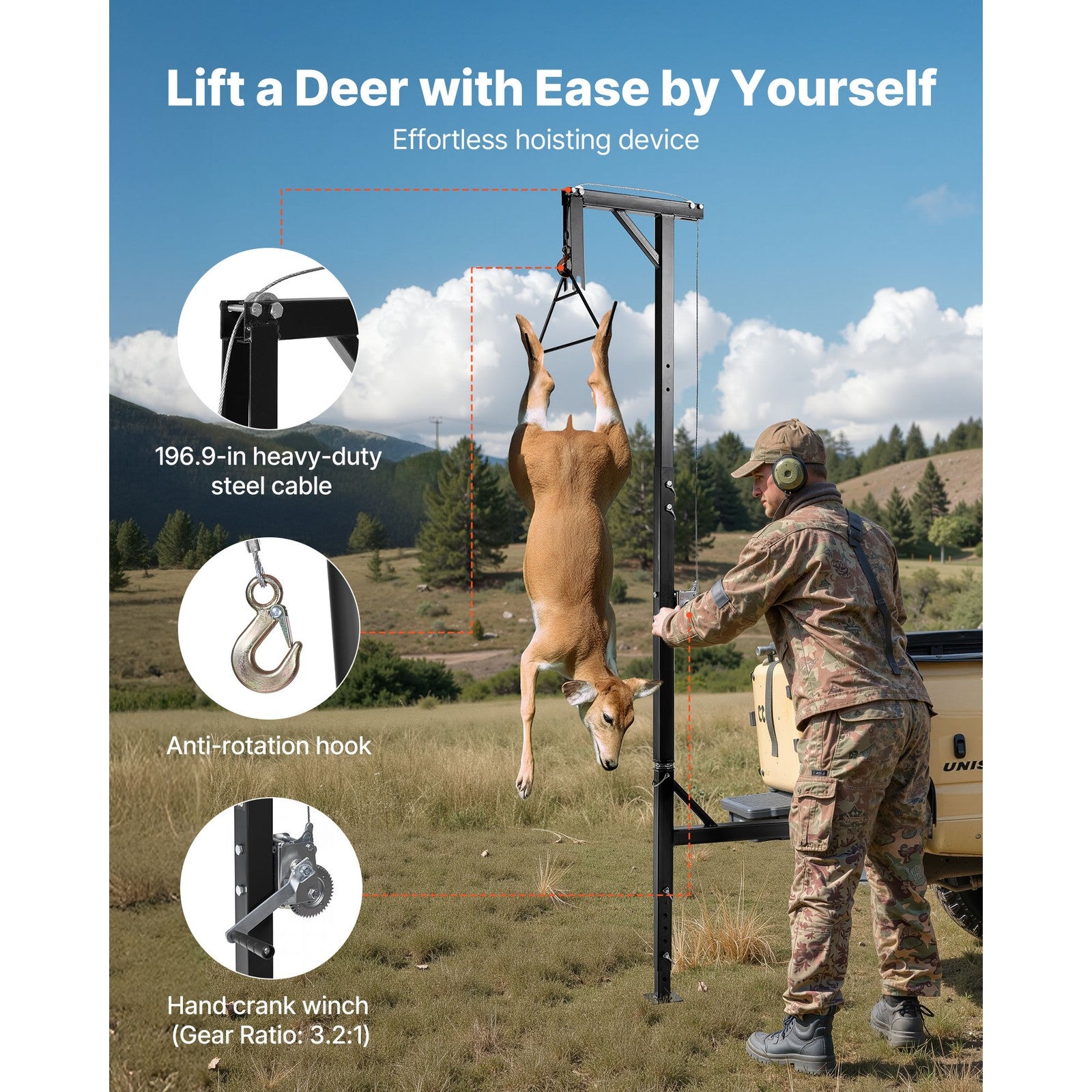 Uimoso Truck Hitch Hoist 600 lbs Hunting Deer Lift with 2-inch Receiver