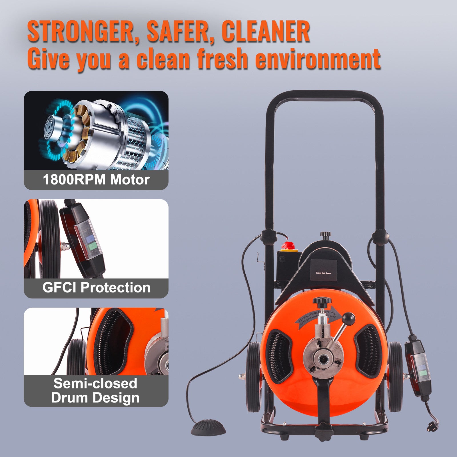 Drain Cleaner Machine Electric Drain Auger 100 FT x 1/2 In Auto Feed