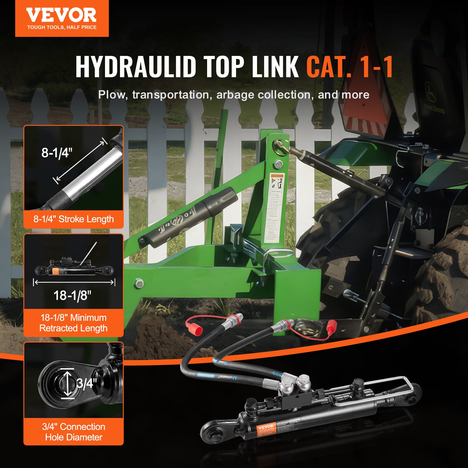VEVOR Hydraulic Top Link Cat.1-1 With Locking Block 18 1/8”-26 3/8” With 2X Hose