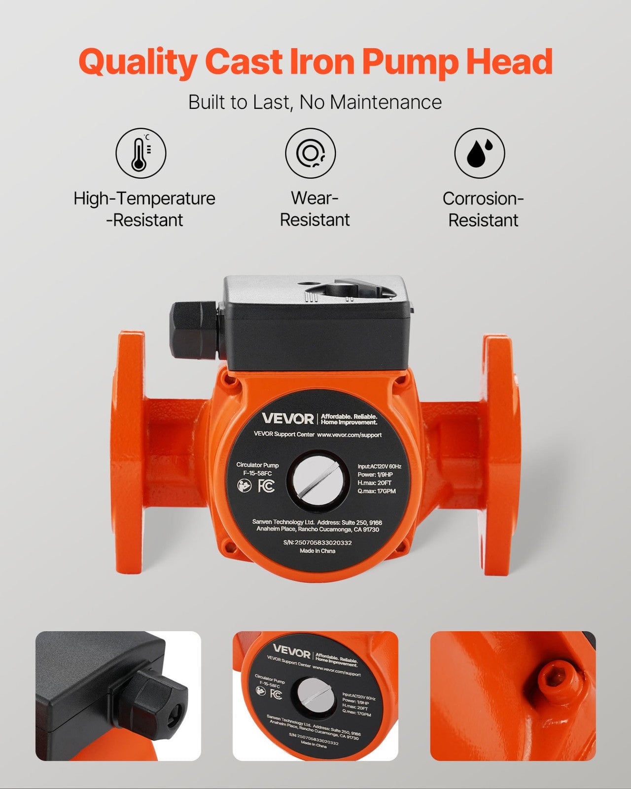 VEVOR 1/9 HP Cast Iron Circulator Pump - 17 GPM, 120V for Hot Water & Heating
