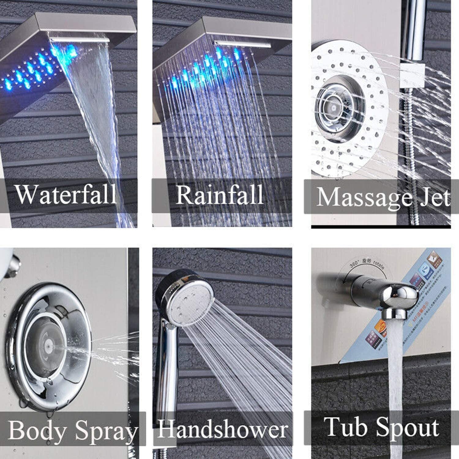 LED Shower Panel Tower Massage System Rain&Waterfall Jets Faucet Stainless Steel
