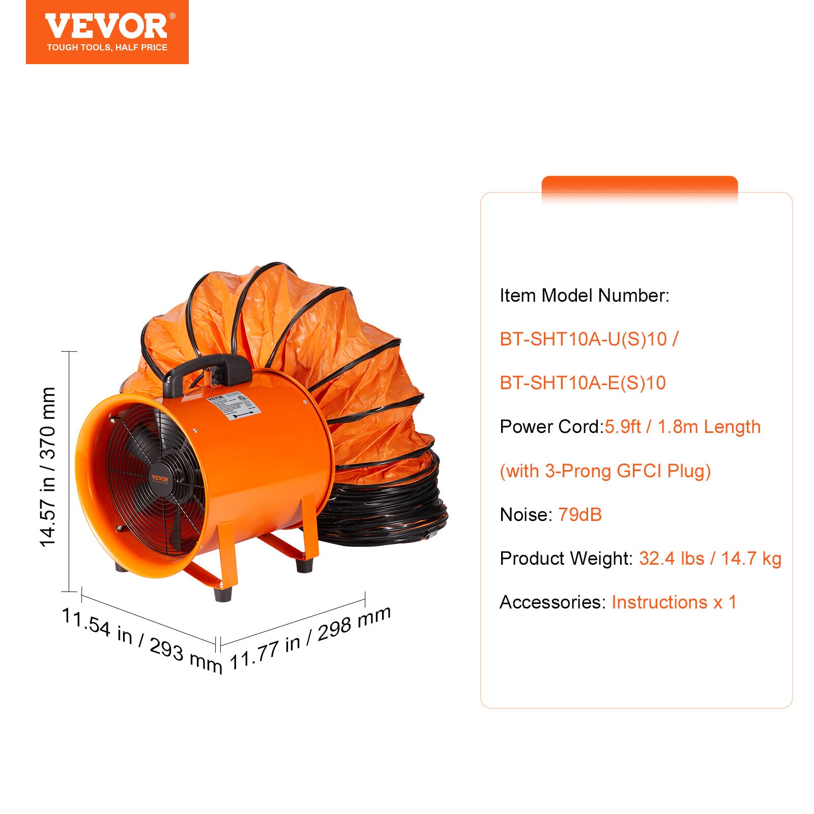VEVOR 10" Portable Extractor Fan Blower 10m Duct Hose Ventilator Industrial