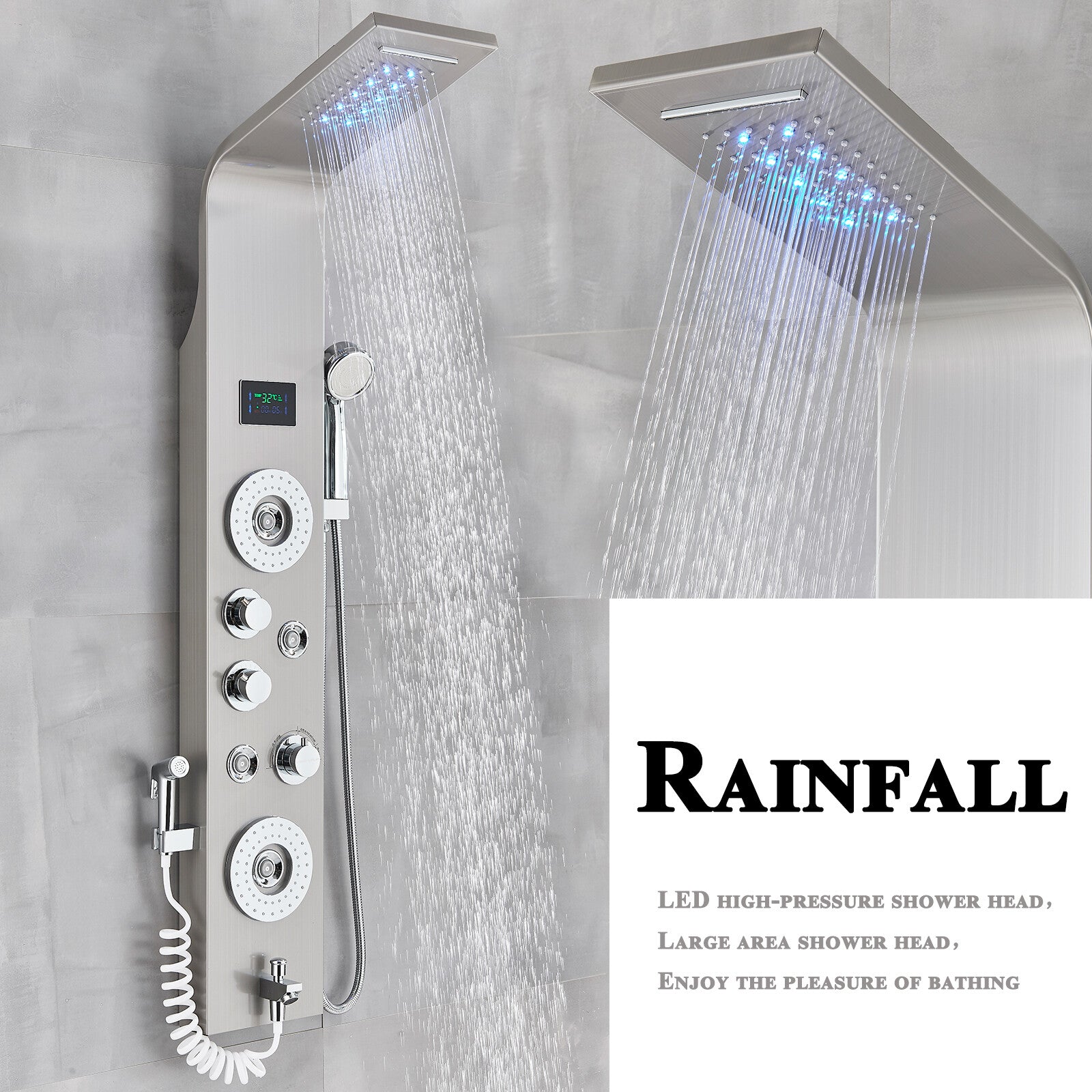 LED Shower Panel Tower Massage System Rain&Waterfall Jets Faucet Stainless Steel