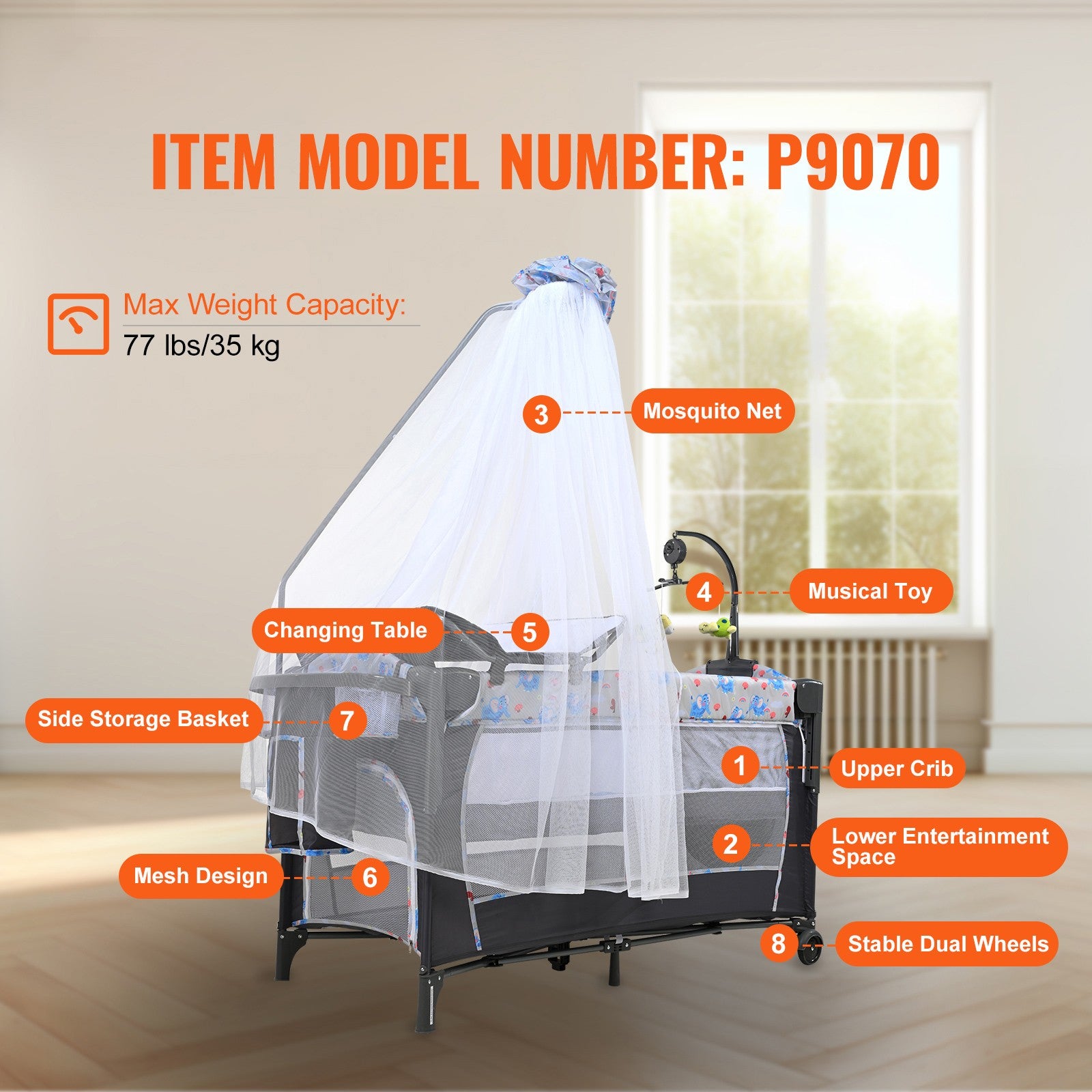 Baby Bassinet Bedside Crib 77 lbs Load Capacity Foldable Sleeper Newbors Bed