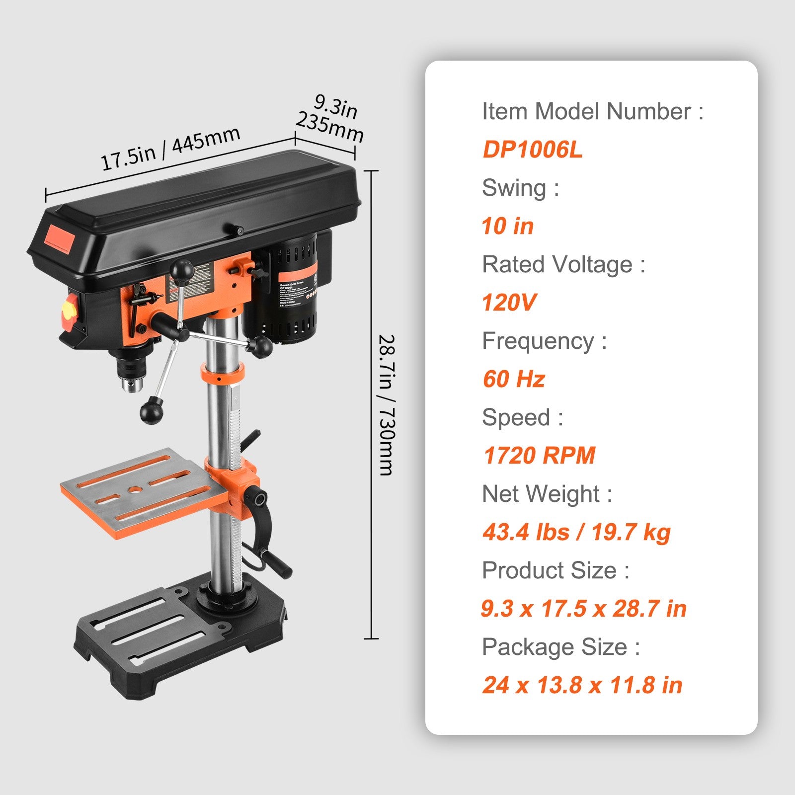 VEVOR 10-Inch 5-Speed Benchtop Drill Press Cast Iron Drill Press 3.2A