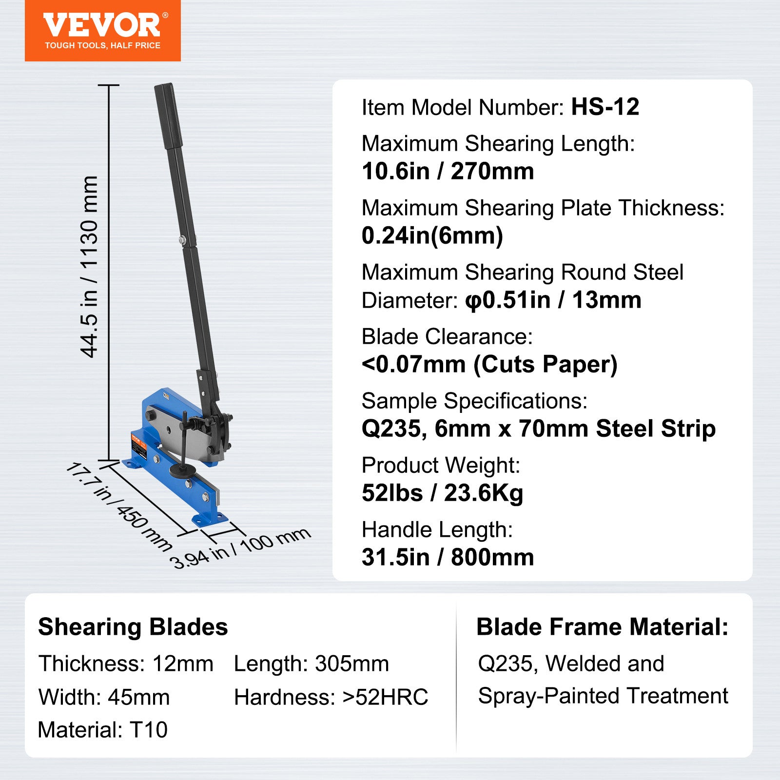 VEVOR 12" Manual Hand Plate Shear Benchtop Cutter Metal Sheet Processing Q235