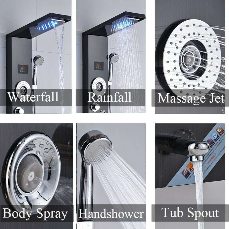 LED Shower Panel Tower Massage System Rain&Waterfall Jets Faucet Stainless Steel