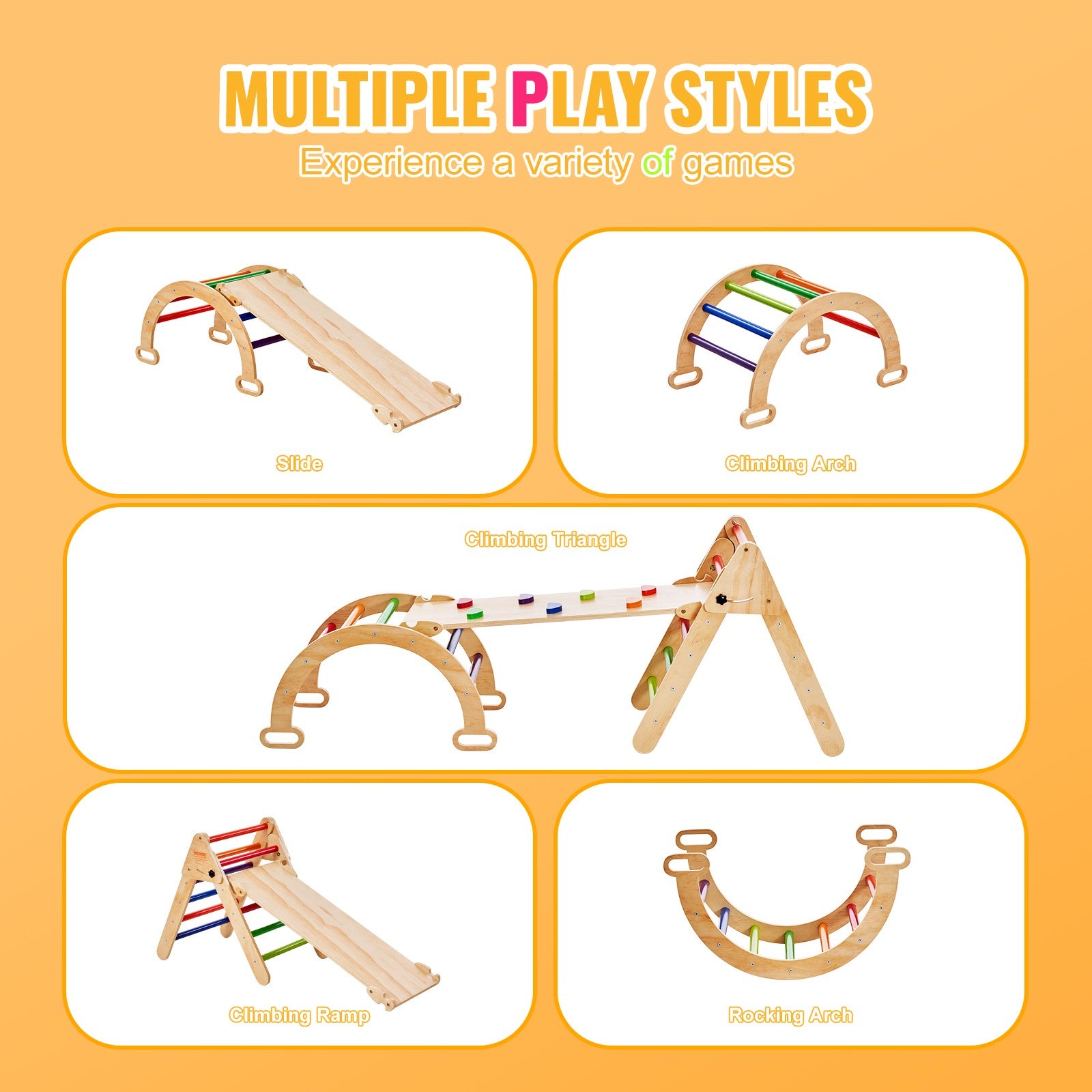 Pikler Triangle Set 5in1 Montessori Climbing Toys for Toddlers M Colorful