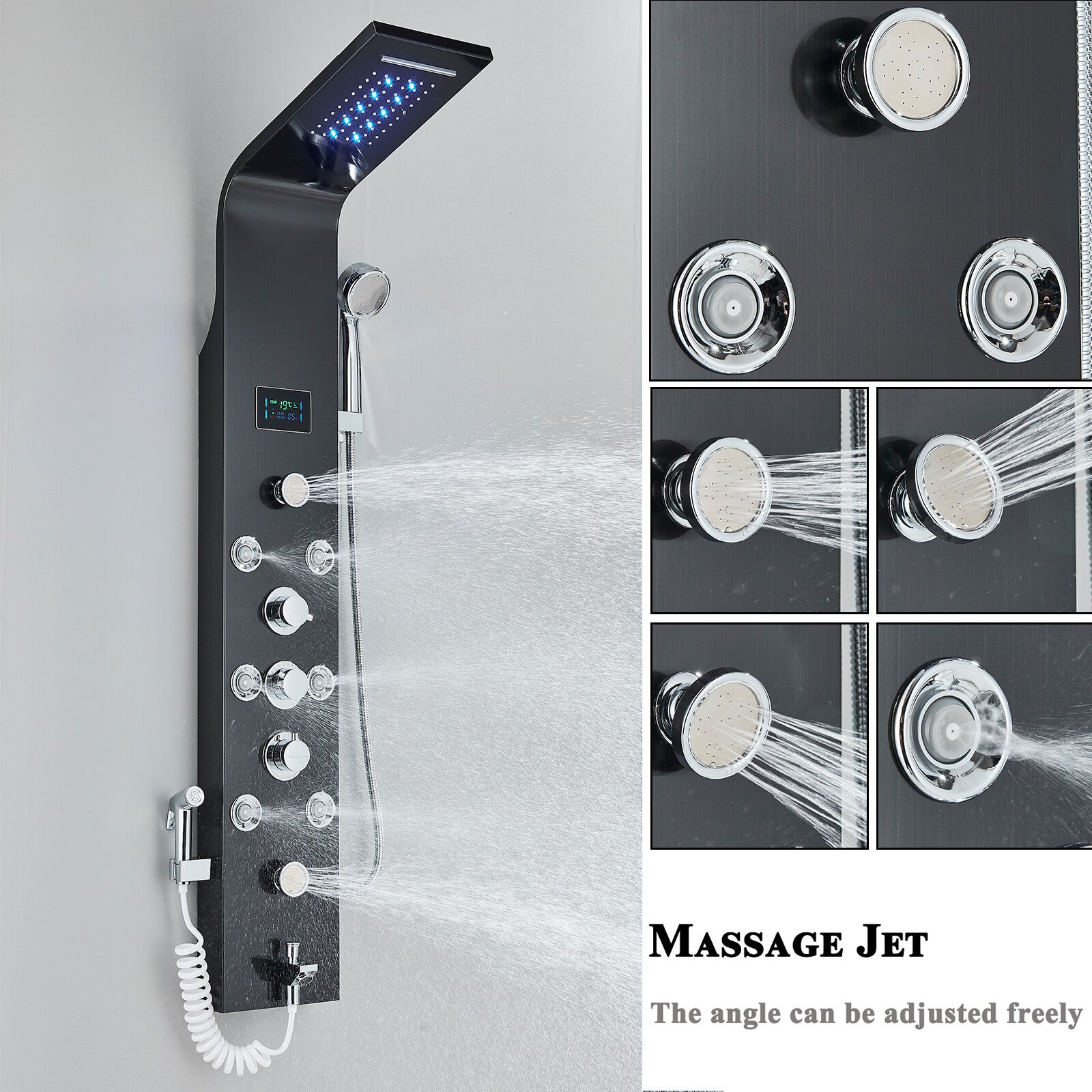 LED Shower Panel Tower Massage System Rain&Waterfall Jets Faucet Stainless Steel