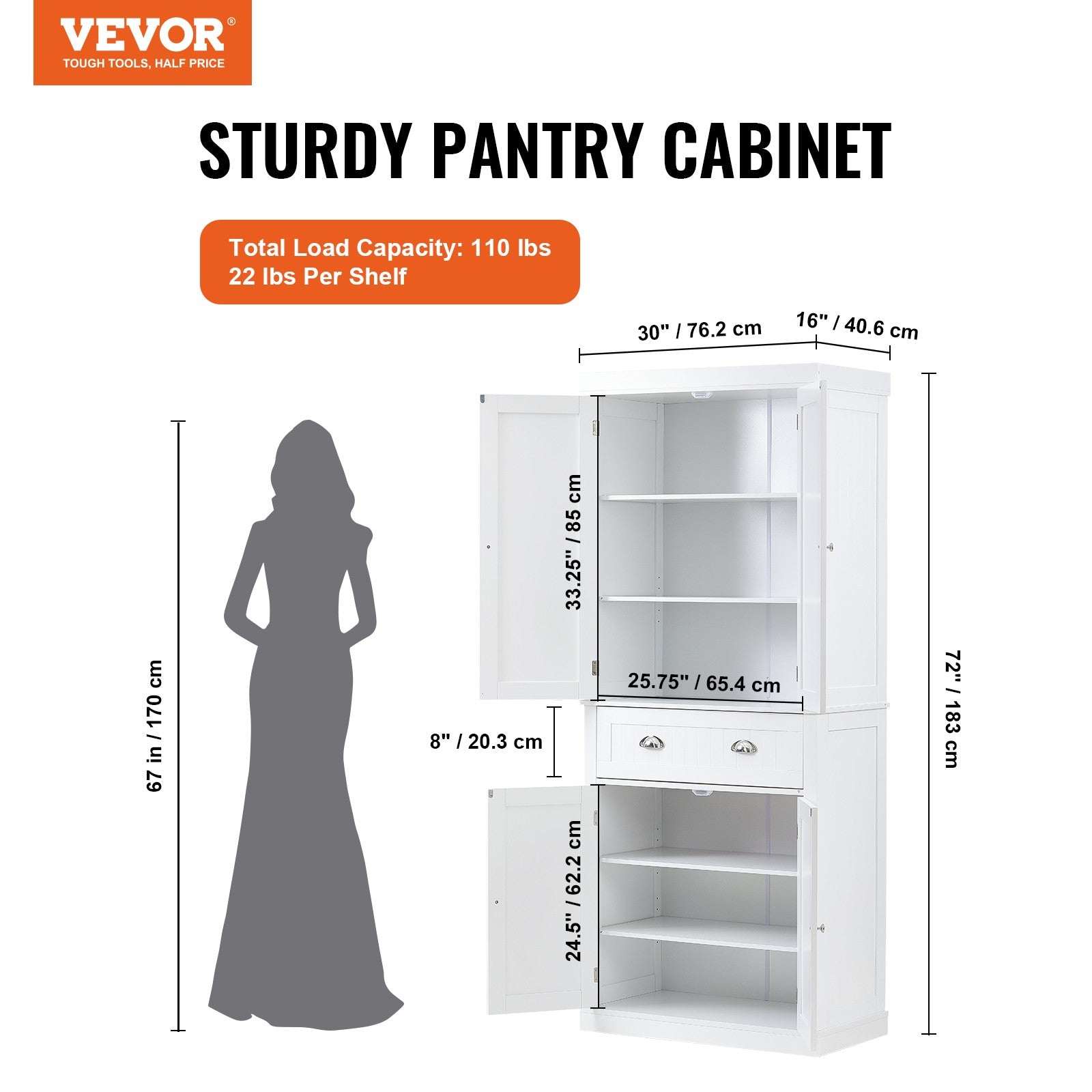 VEVOR 72" Kitchen Pantry Storage Tall Cabinet 4 Doors 3 Adjustable Shelves