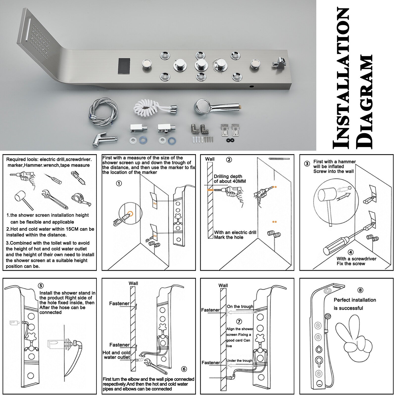 LED Shower Panel Tower Massage System Rain&Waterfall Jets Faucet Stainless Steel