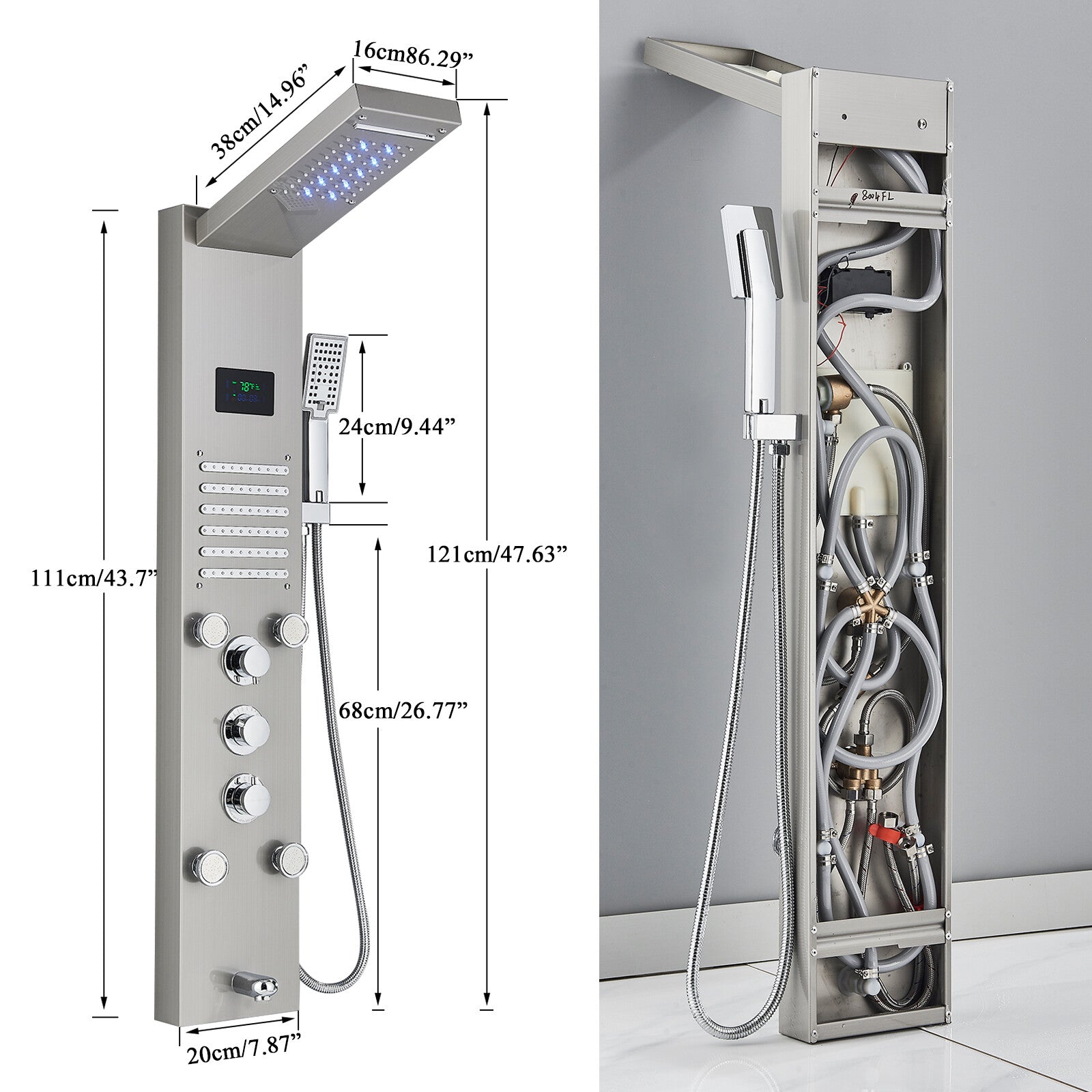 LED Shower Panel Tower Massage System Rain&Waterfall Jets Faucet Stainless Steel
