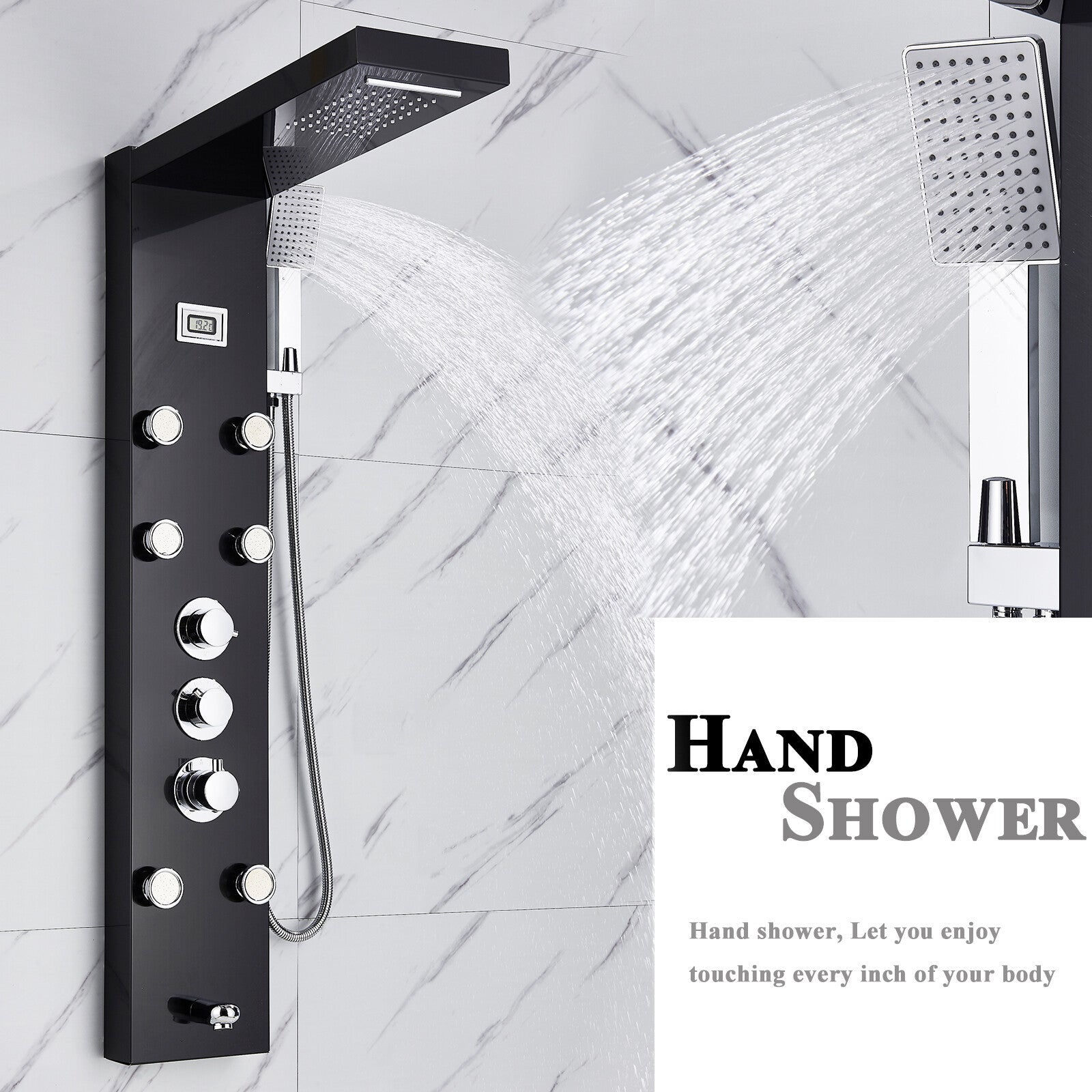 LED Shower Panel Tower Massage System Rain&Waterfall Jets Faucet Stainless Steel