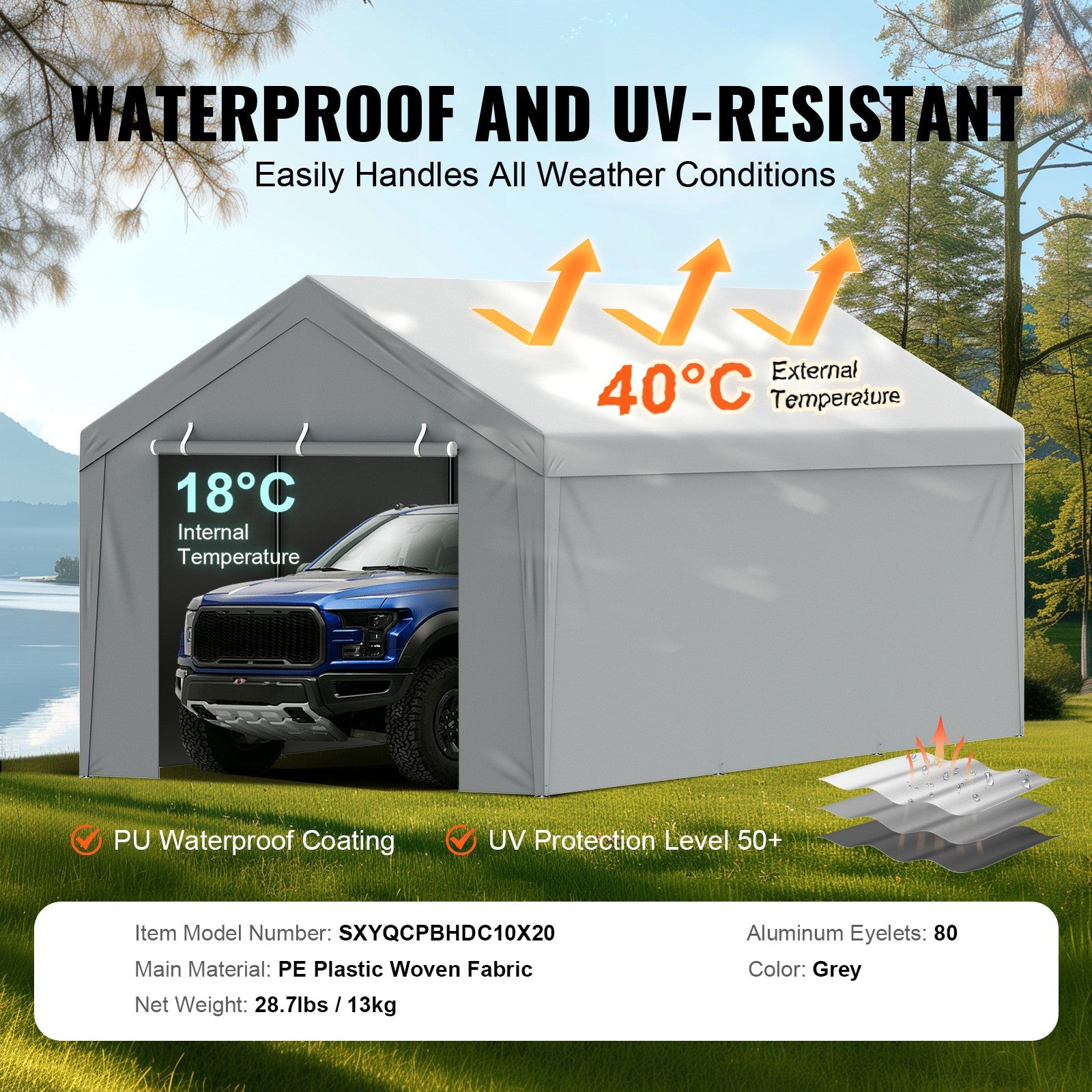 Carport Replacement Canopy Car Shelter Top+Side 10x20ft Frame Not Included