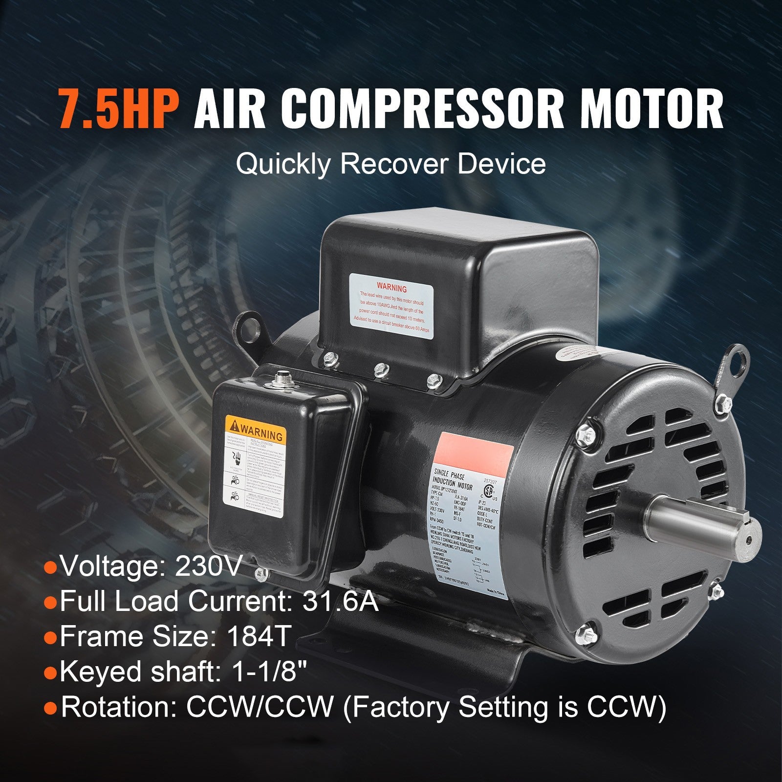 VEVOR 7.5HP Air Compressor Electric Motor 230V 3450RPM 184T Frame CW/CCW Rotate