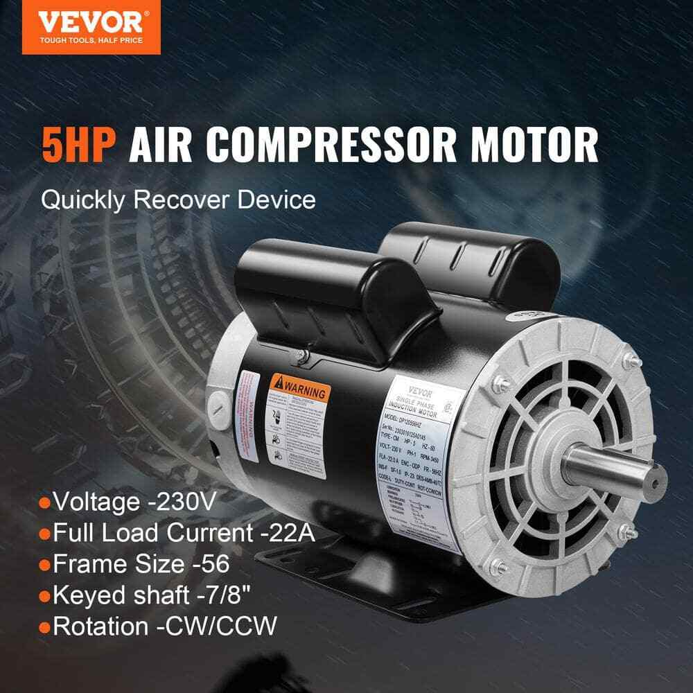 VEVOR 5HP Air Compressor Motor 3450 RPM Single Phase Electric Motor 7/8 in.
