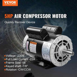 VEVOR 5HP Air Compressor Motor 3450 RPM Single Phase Electric Motor 7/8 in.