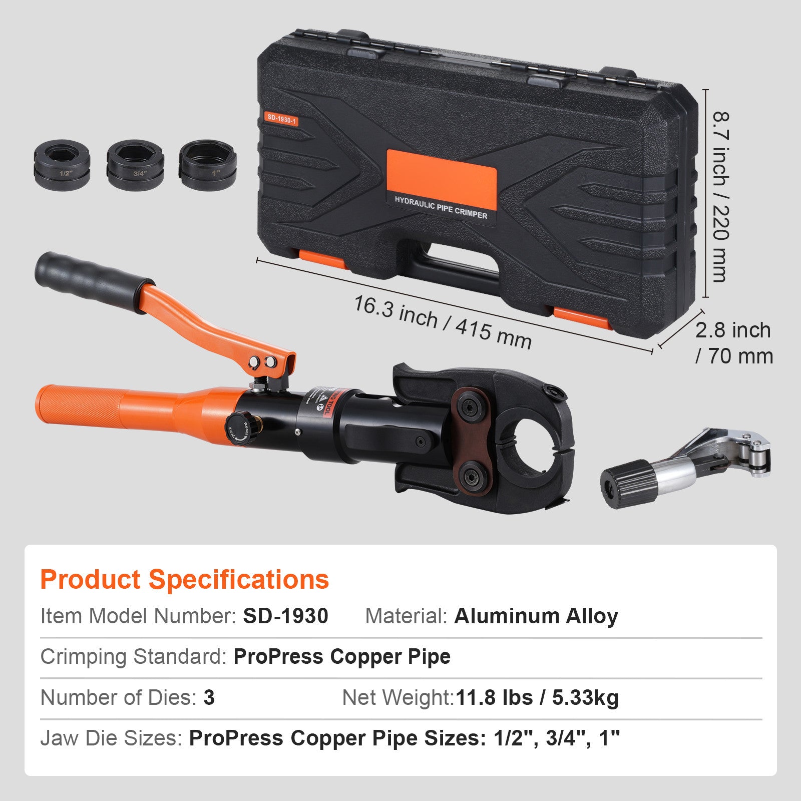 Copper Tube Fittings Crimping Tool with 1/2" 3/4" 1" Jaws Pipe Cutter
