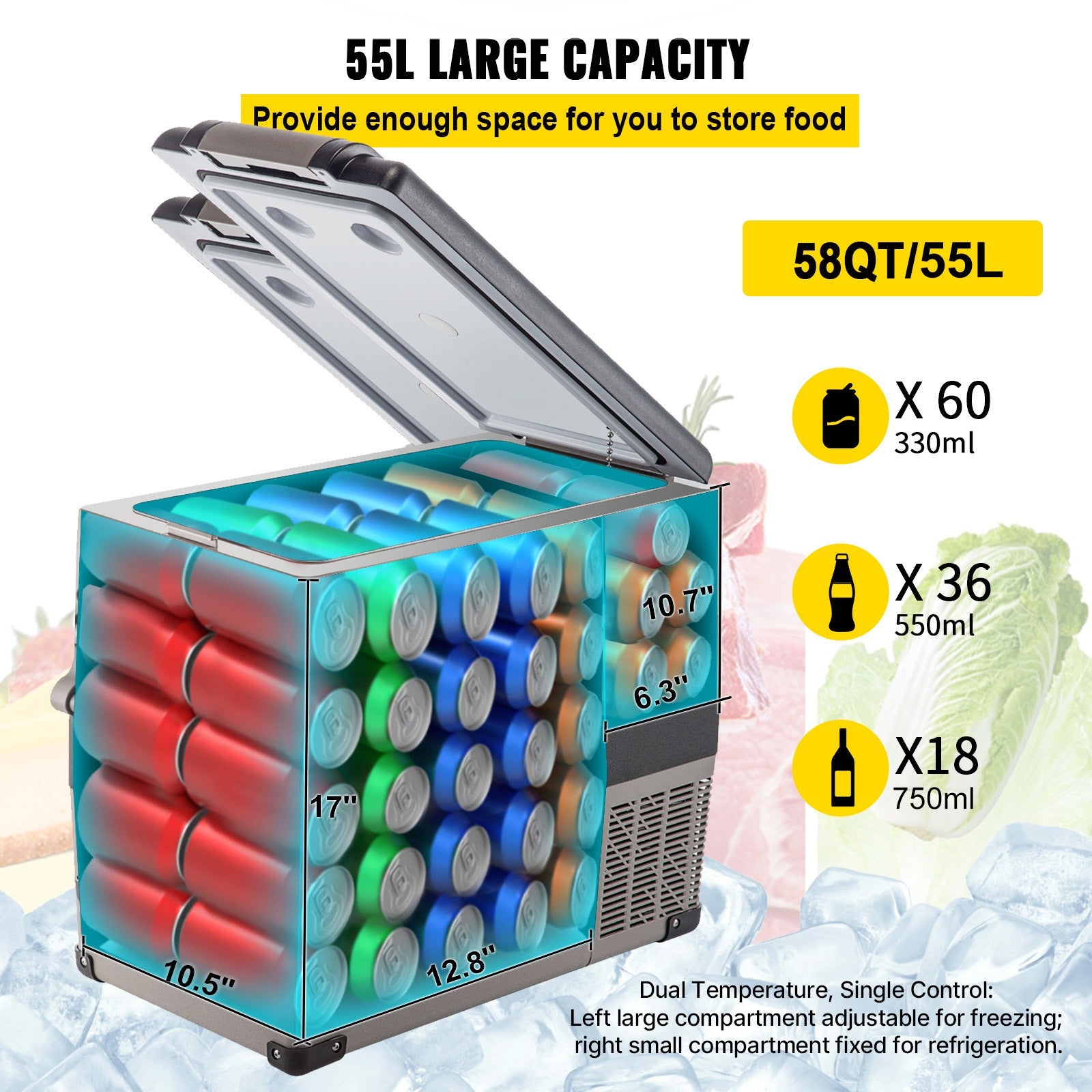 55L Portable Travel Car Refrigerator Freezer Truck Mini Fridge Camping 12V 24V