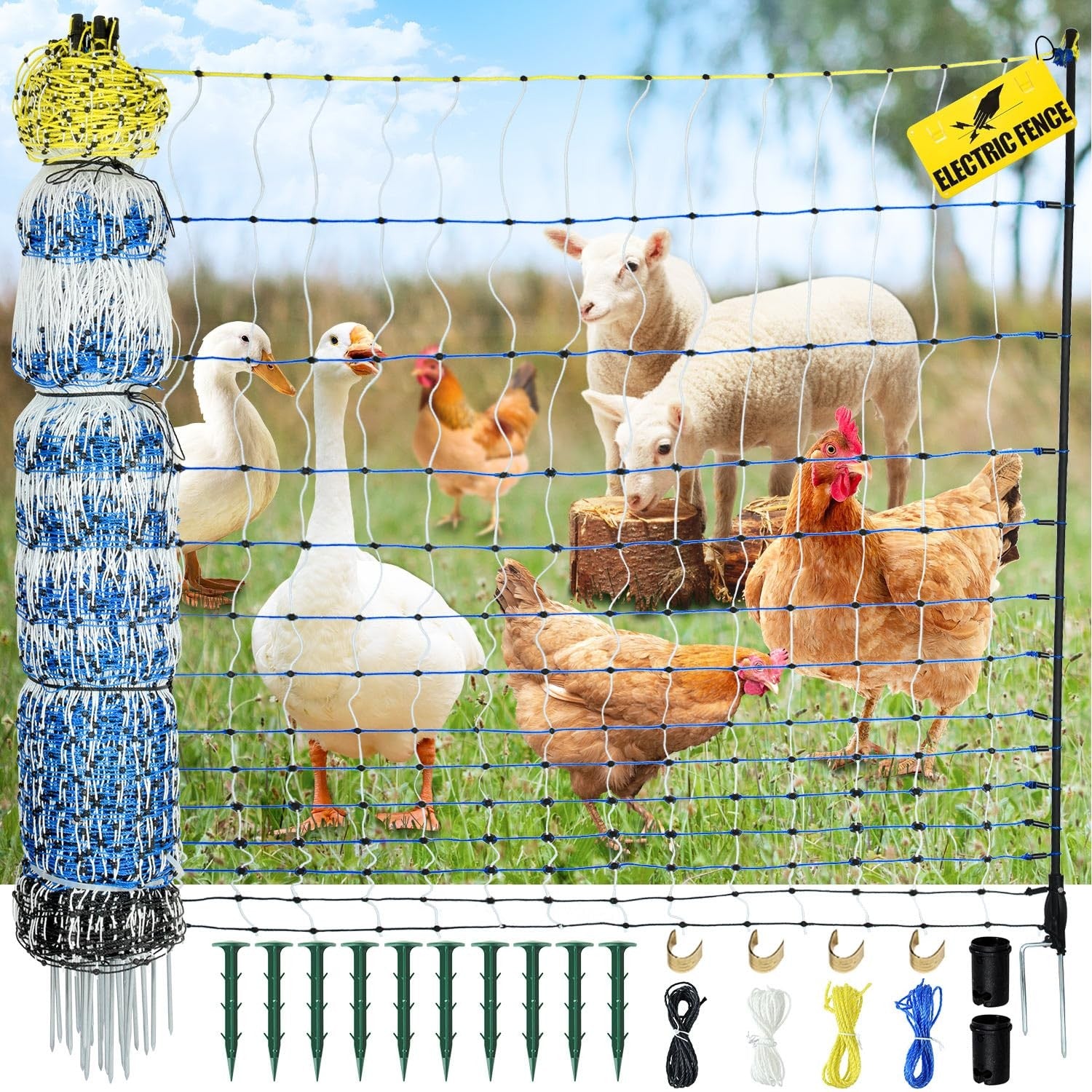 Portable Electric Netting Fence Kit Goats Fencing 35"H x 164'L with Posts Spikes
