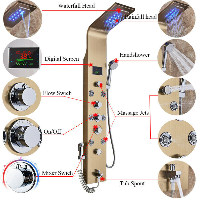 LED Shower Panel Tower Massage System Rain&Waterfall Jets Faucet Stainless Steel
