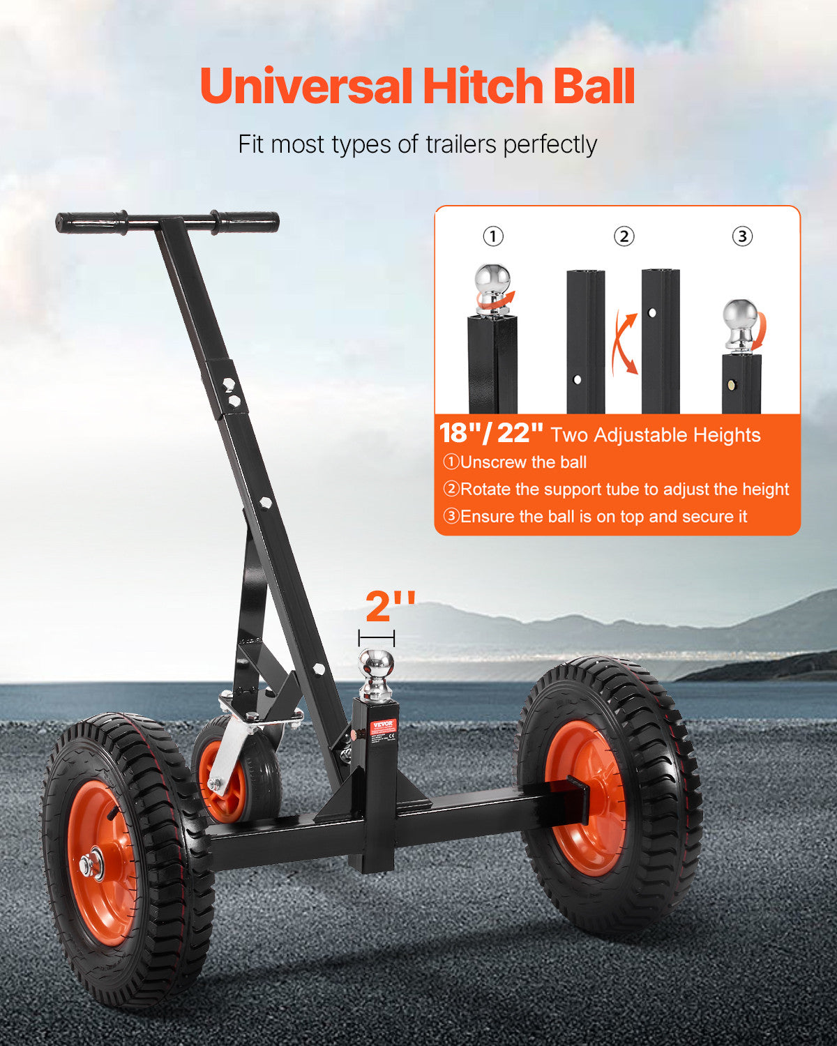 VEVOR 1200lbs Trailer Dolly 18 and 22 in Adjustable Height 2 in Ball