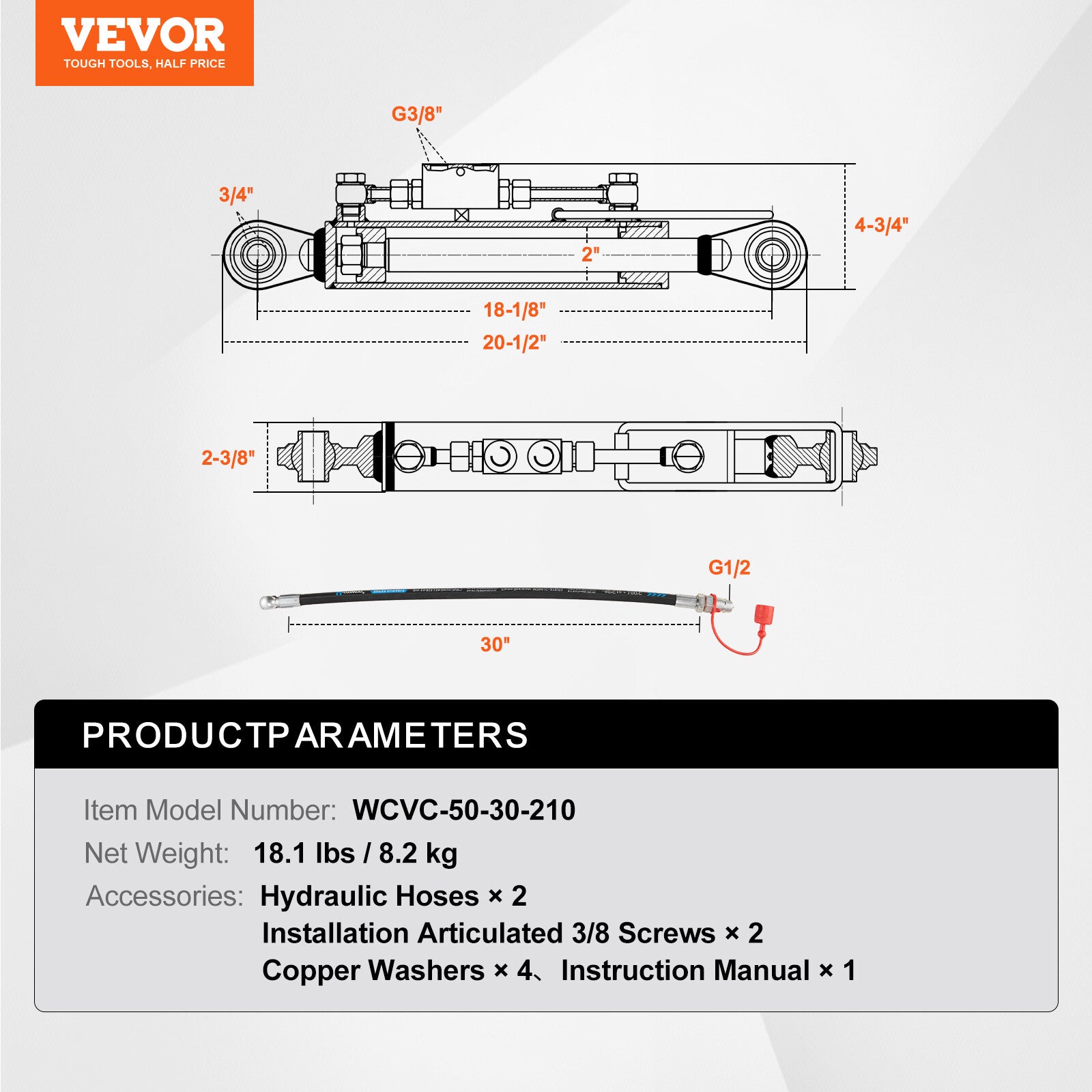 VEVOR Hydraulic Top Link Cat.1-1 With Locking Block 18 1/8”-26 3/8” With 2X Hose