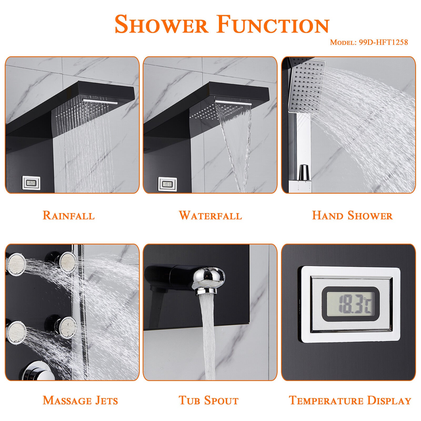 LED Shower Panel Tower Massage System Rain&Waterfall Jets Faucet Stainless Steel