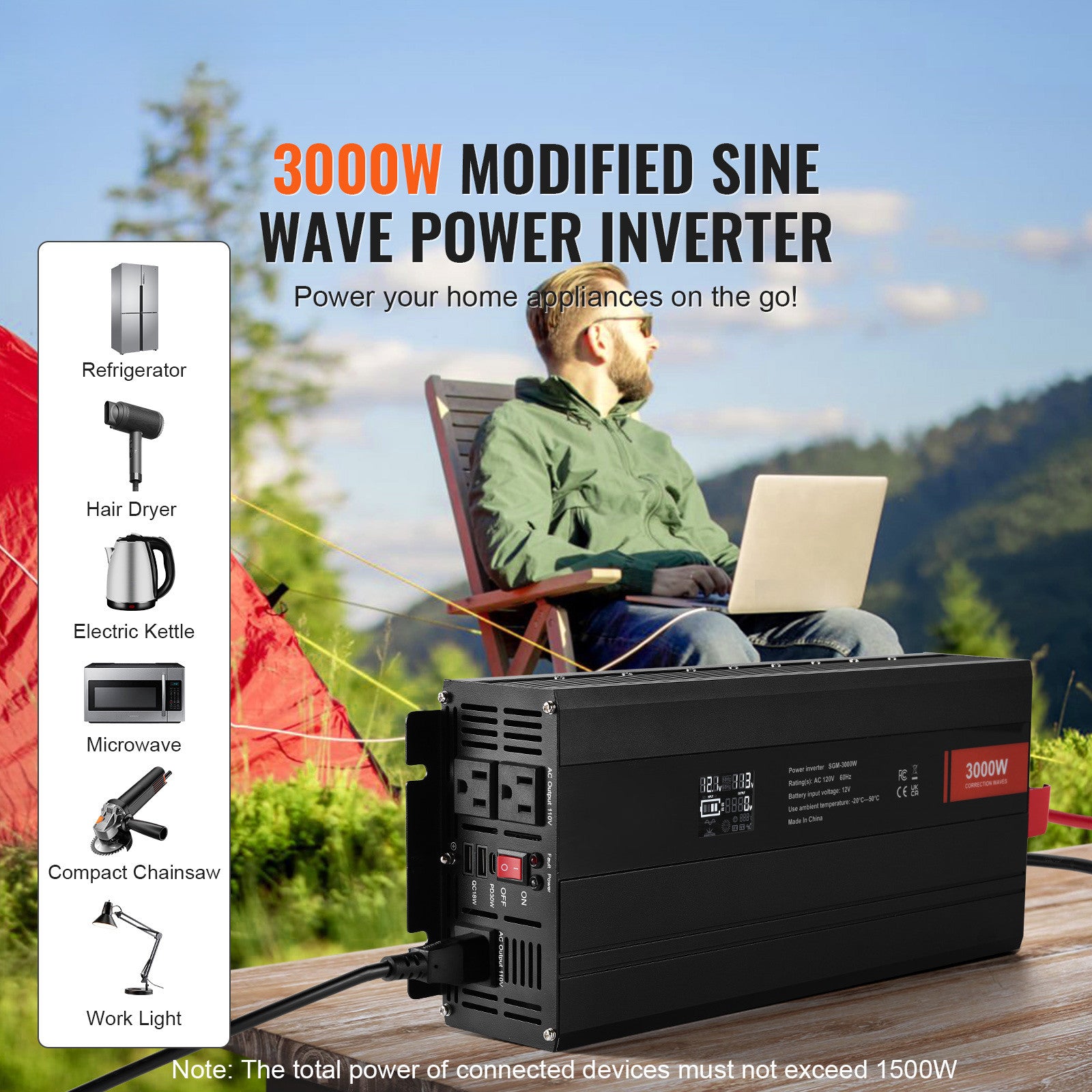 Power Inverter 3000W 6000W 12V DC to 110V 120V AC LCD Outdoor for Car Truck Home