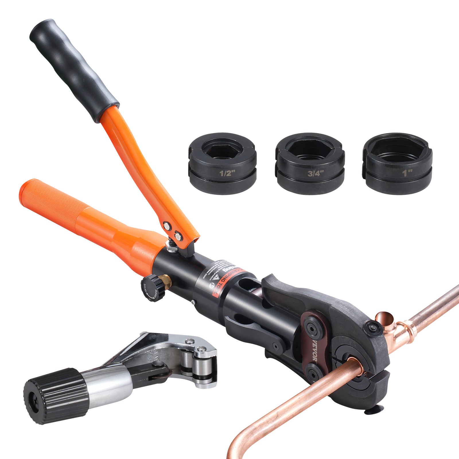 Copper Tube Fittings Crimping Tool with 1/2" 3/4" 1" Jaws Pipe Cutter