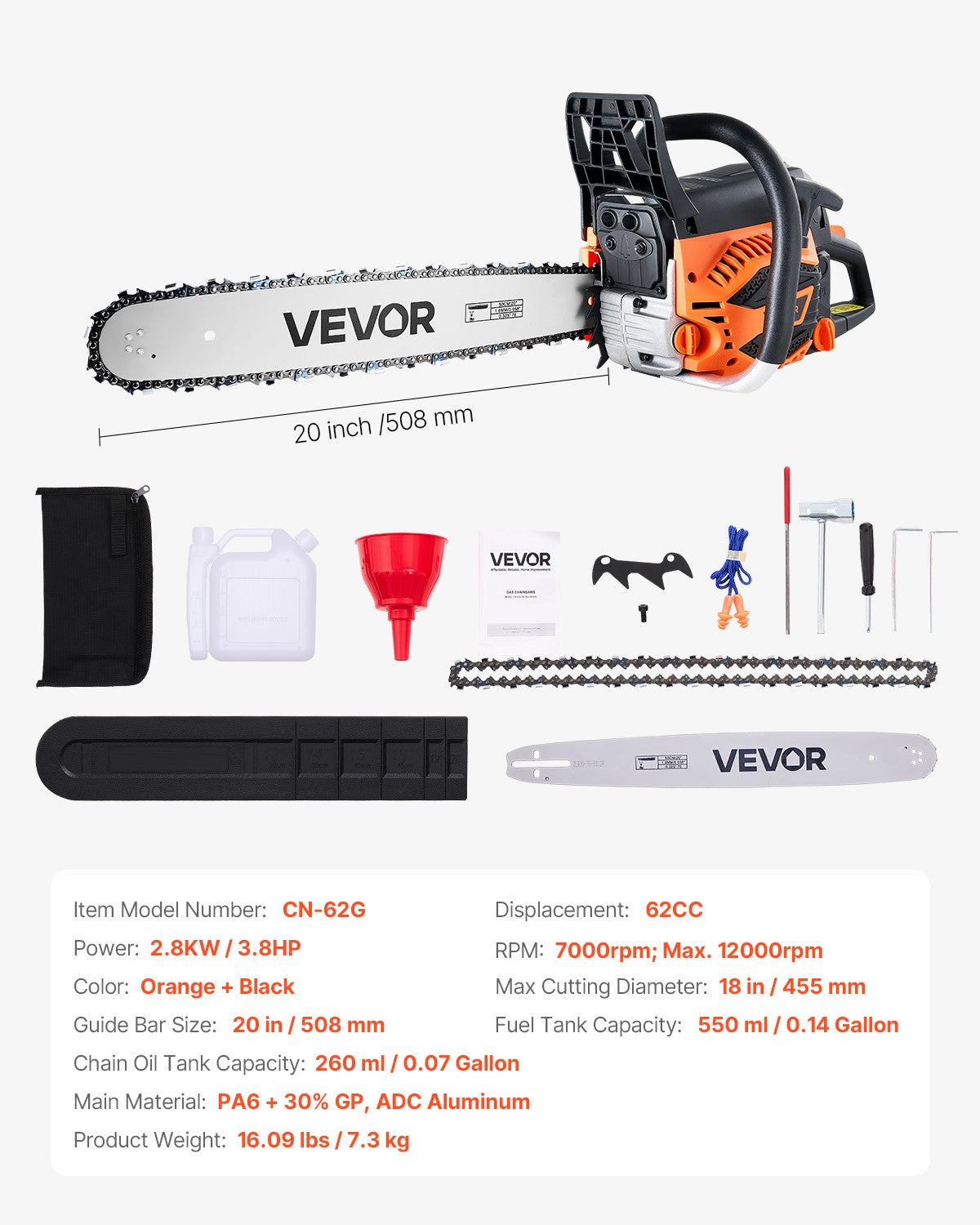 VEVOR 62cc Gas Chainsaw 3.8 HP Gas Powered 20 inch Chainsaw For Wood Cutting