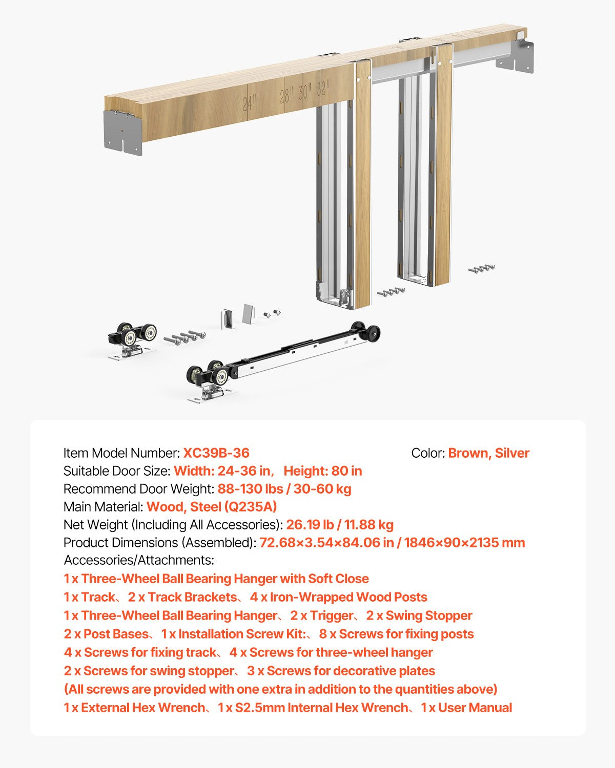 VEVOR Pocket Door Frame Kit Pocket Door Kit for 24-36in Wide 80inHigh Soft Close