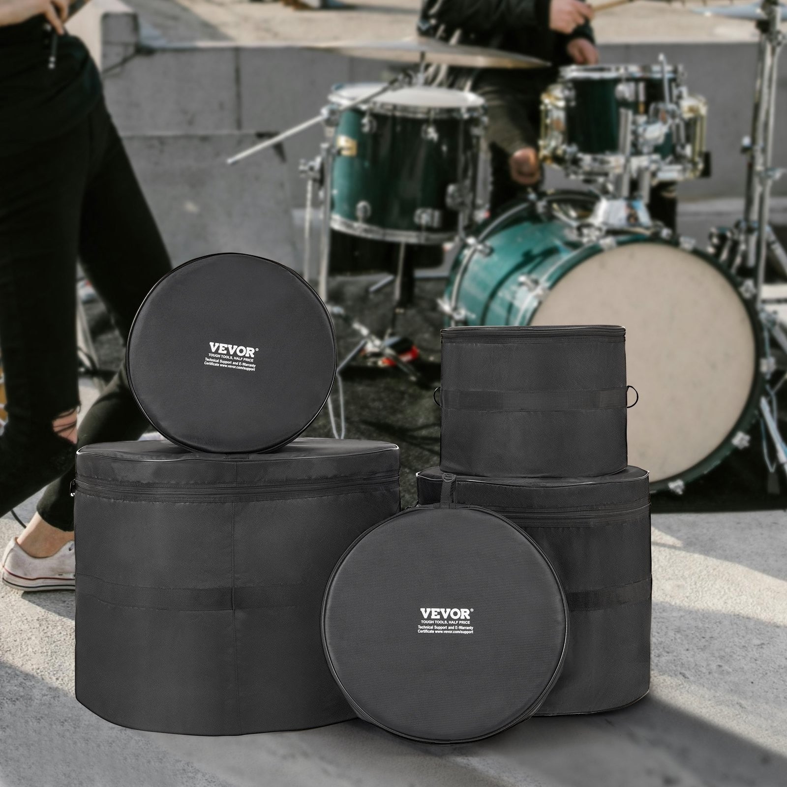 VEVOR 5-Piece Drum Bag Set Padded Drum Cases 1680D Oxford Fabric Foldable