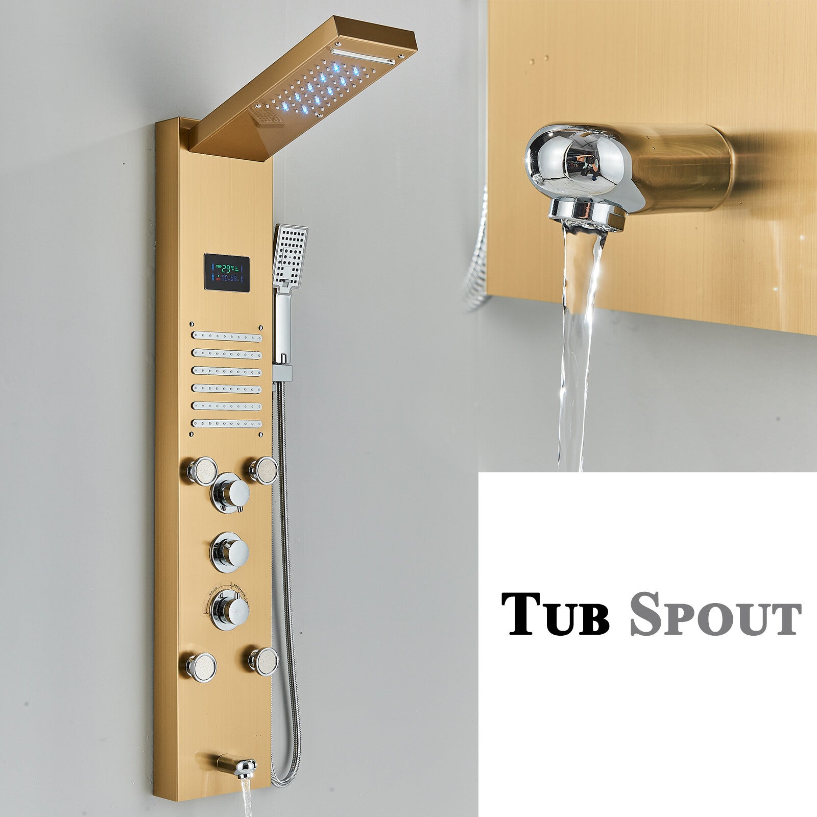 LED Shower Panel Tower Massage System Rain&Waterfall Jets Faucet Stainless Steel
