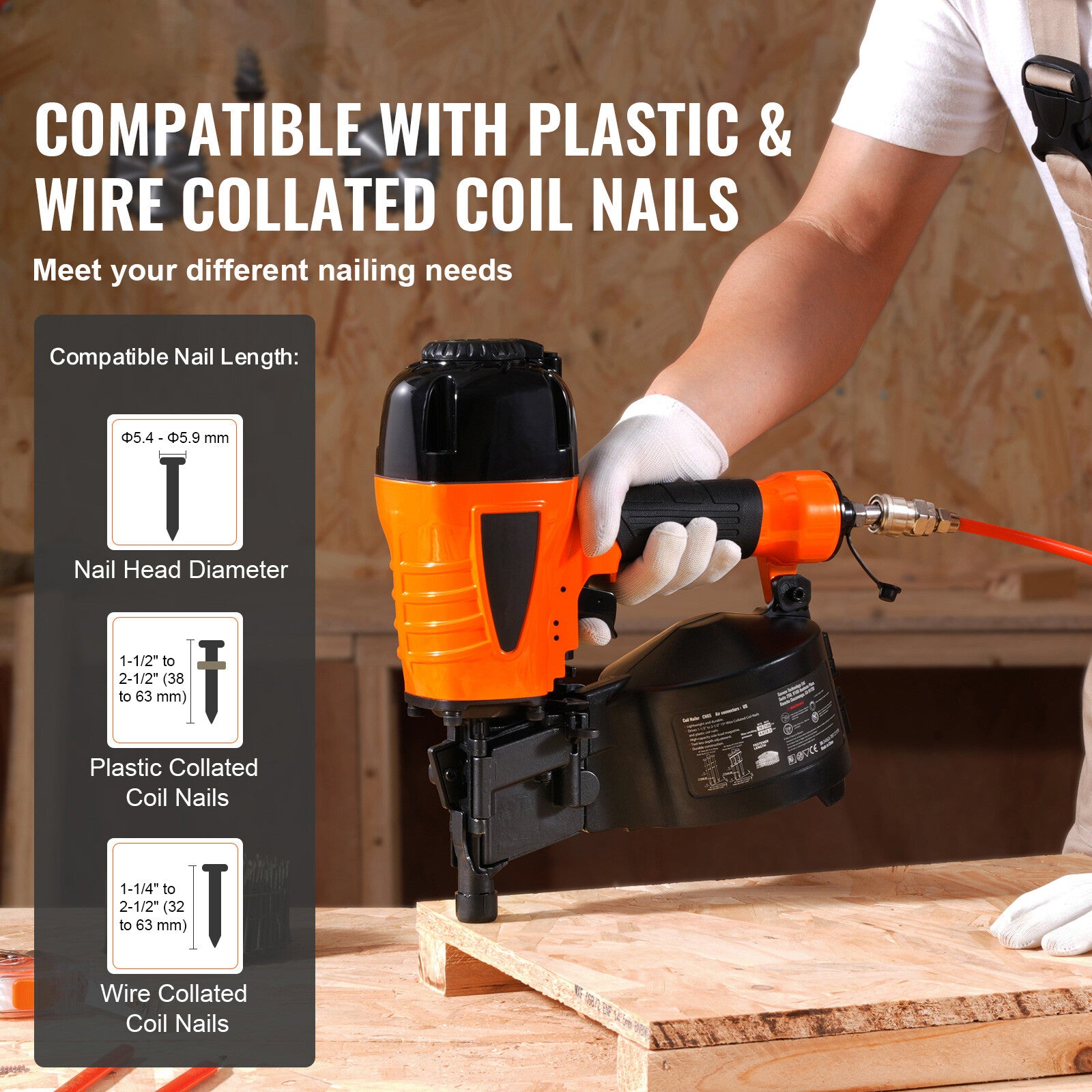 CN65 Coil Siding Nailer 1-1/4" to 2-1/2" 15 Degree Pneumatic Nail Gun