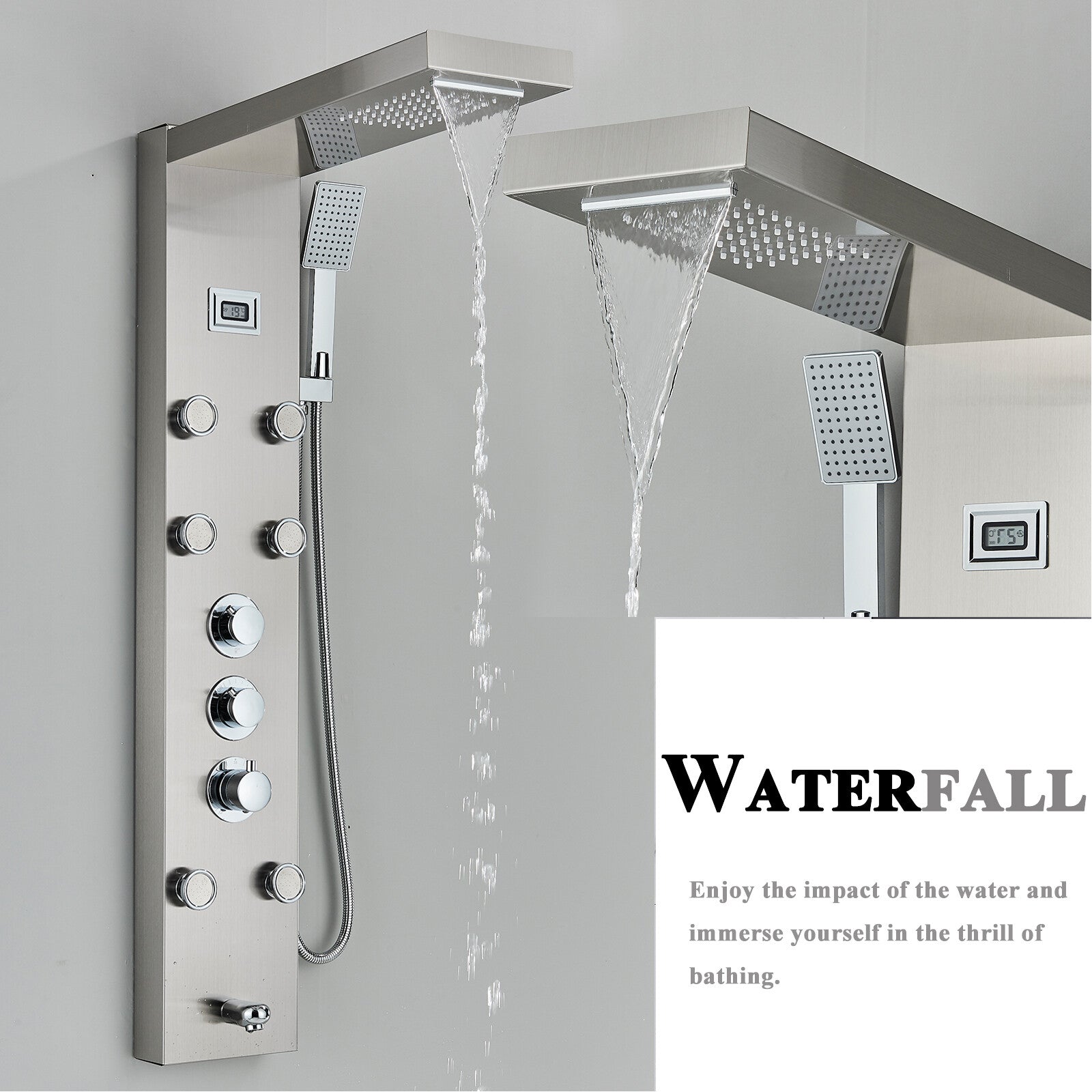 LED Shower Panel Tower Massage System Rain&Waterfall Jets Faucet Stainless Steel