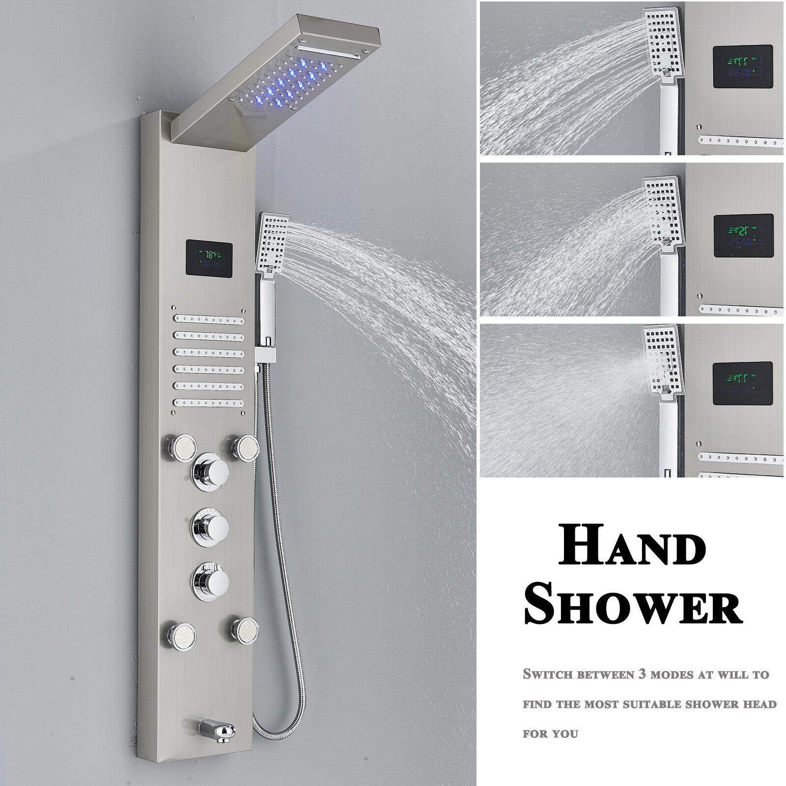 LED Shower Panel Tower Massage System Rain&Waterfall Jets Faucet Stainless Steel