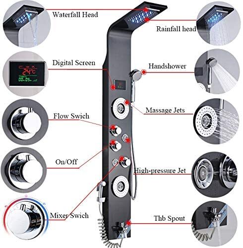 LED Shower Panel Tower Massage System Rain&Waterfall Jets Faucet Stainless Steel