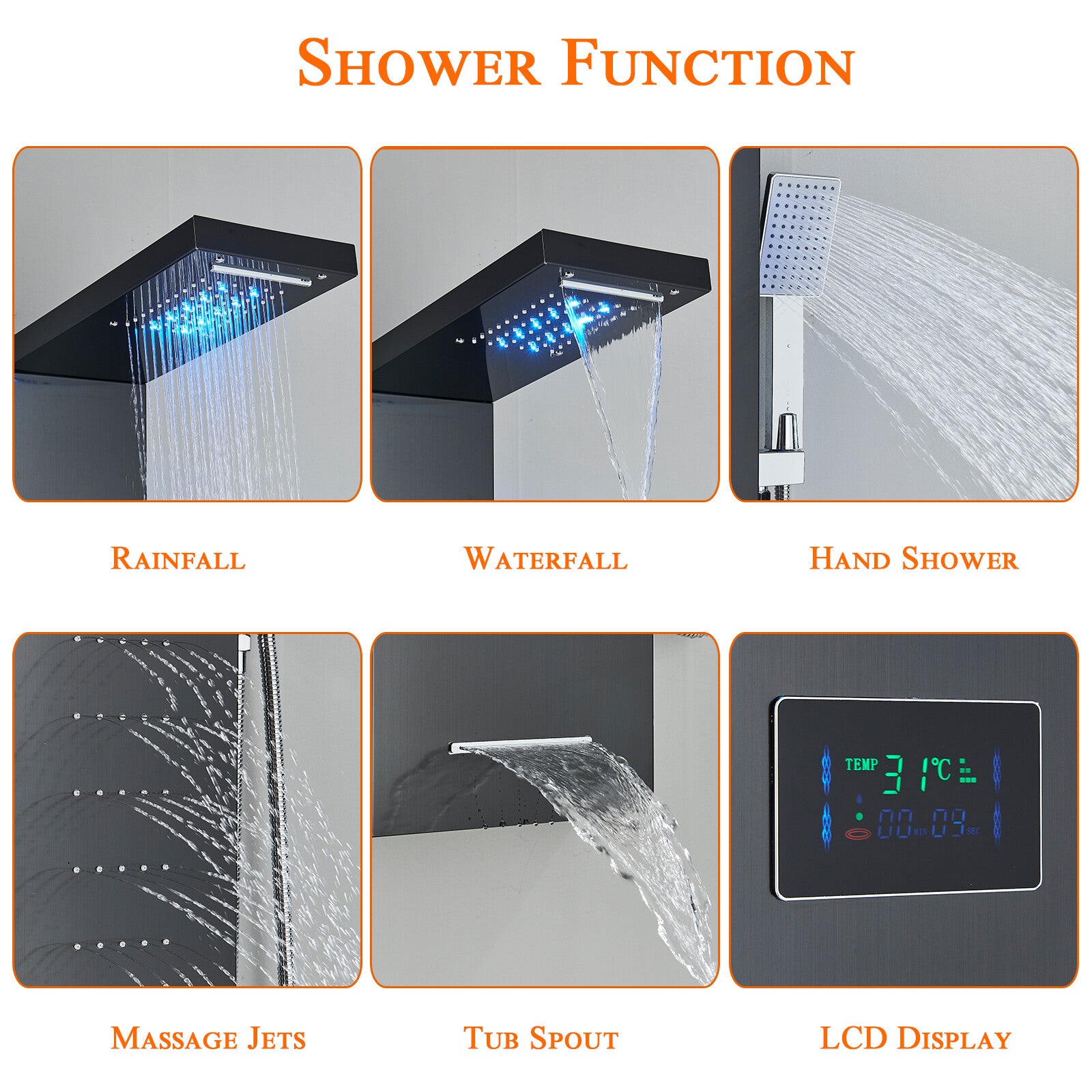 LED Shower Panel Tower Massage System Rain&Waterfall Jets Faucet Stainless Steel