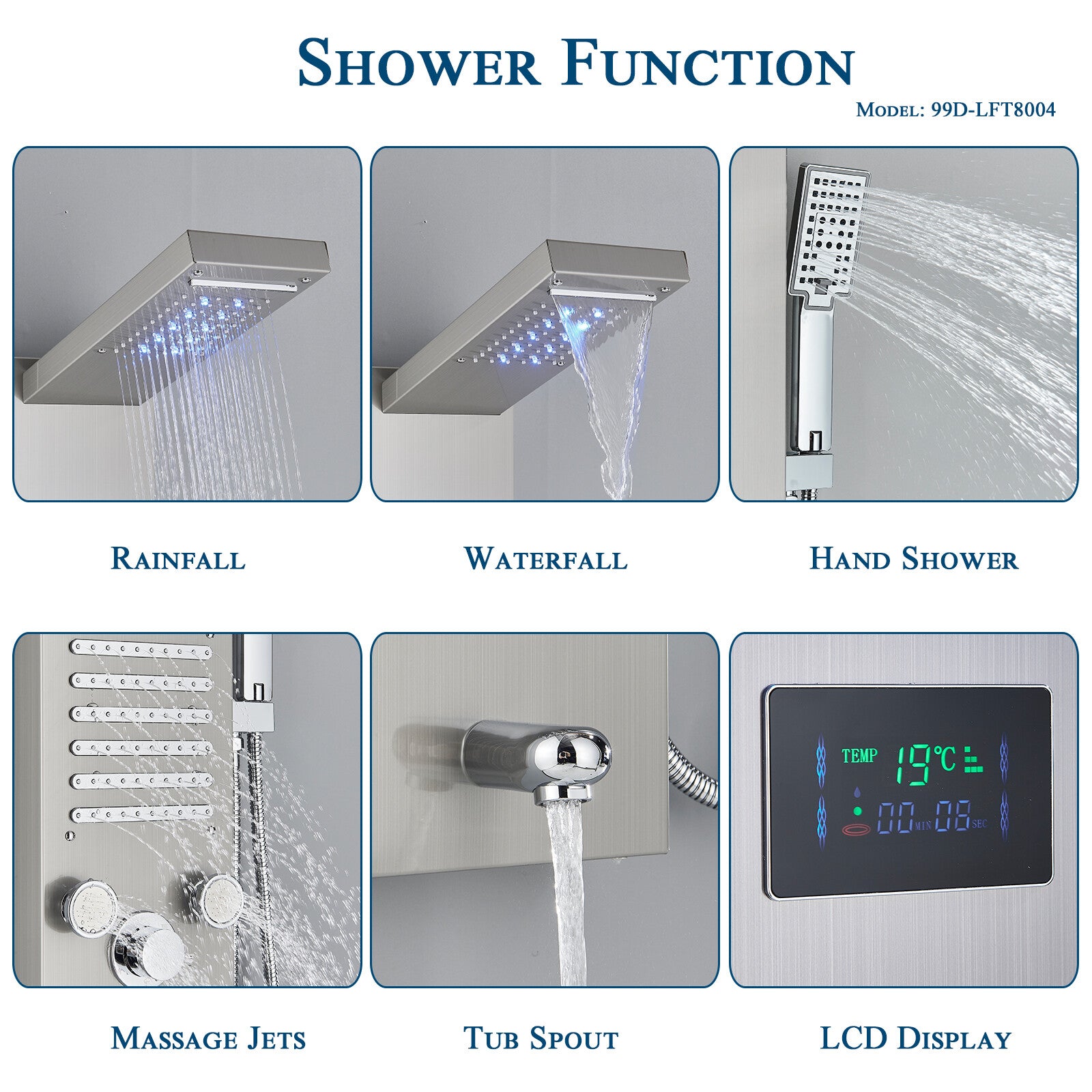 LED Shower Panel Tower Massage System Rain&Waterfall Jets Faucet Stainless Steel